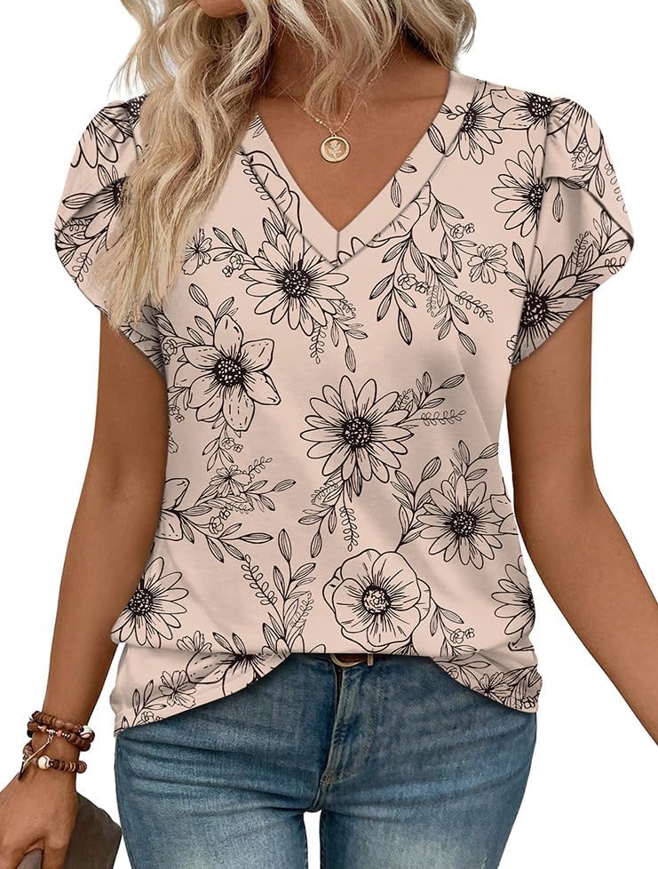 WIHOLL Womens Tops Dressy Casual Petal Sleeve Summer Spring Short Sleeve V Neck Shirts Work Business Vacation Clothes 2026