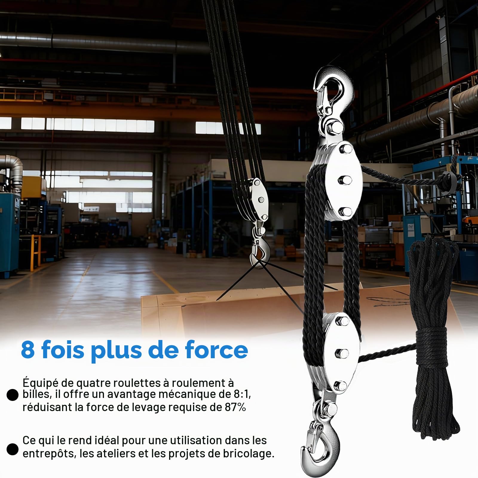 Poulie avec frein à câble - Économie de travail 8:1 - Capacité de levage avec corde de 20 m - 300 kg - Charge maximale pour la chasse, les entrepôts, les garages, le levage d'objets lourds