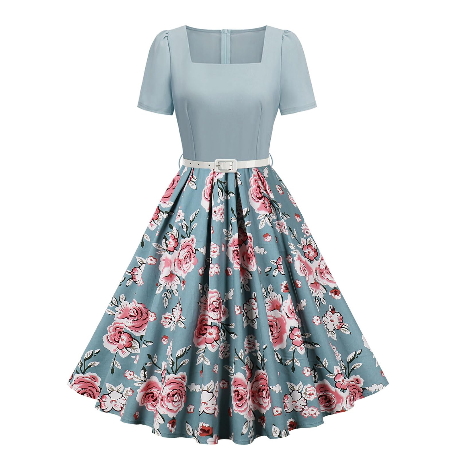 50s Style Dresses for Women Vintage Short Puff Sleeve Square Neck Swing Dress Cocktail Prom Dress with Belt