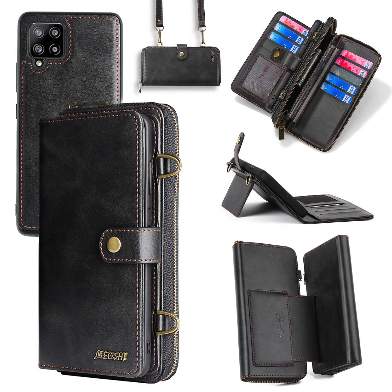 Compatible with Samsung Galaxy A42 5G Wallet Case Crossbody Shoulder Strap Card Holder Stand Multi-Function 2in 1 Detachable Magnetic Phone Cover for Glaxay A 42 G5 Gaxaly 42A S42 4G 2021 Men Black