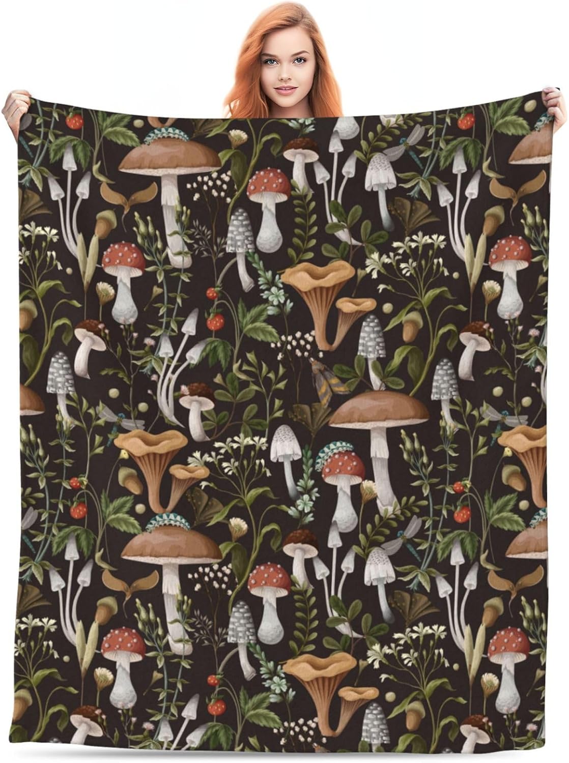 Boho Mushroom Fleece Blanket Autumn Mushrooms Lightweight