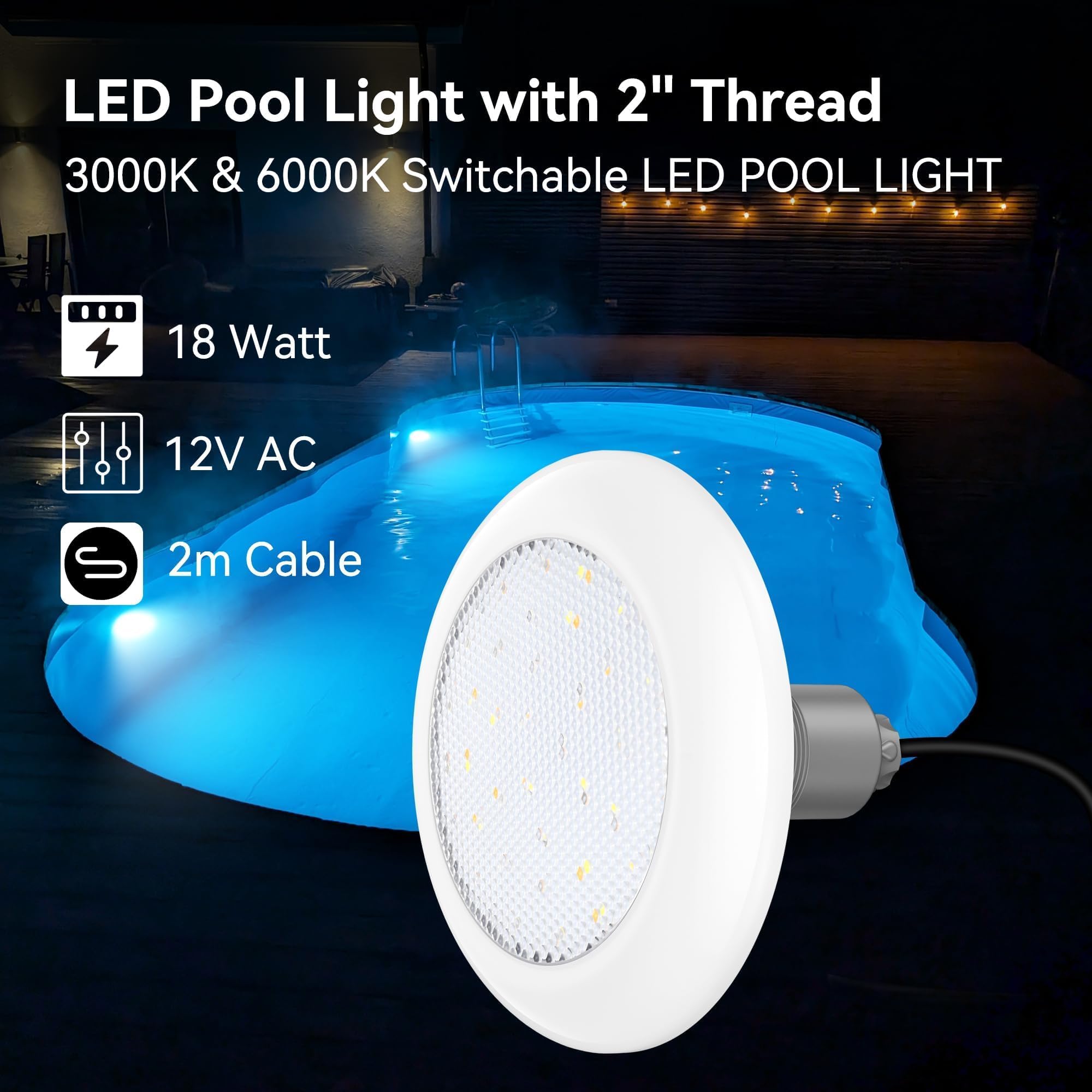 LyLmLe LED Poolscheinwerfer mit Außengewinde 2", 18W Poolbeleuchtung 2 Farben Schaltbar Weiß 3000K & 6000K, Ø242mm, 12V AC LED Poolstrahler Unterwasser für GFK Fertigbecken Aufstellbecken Holzpool
