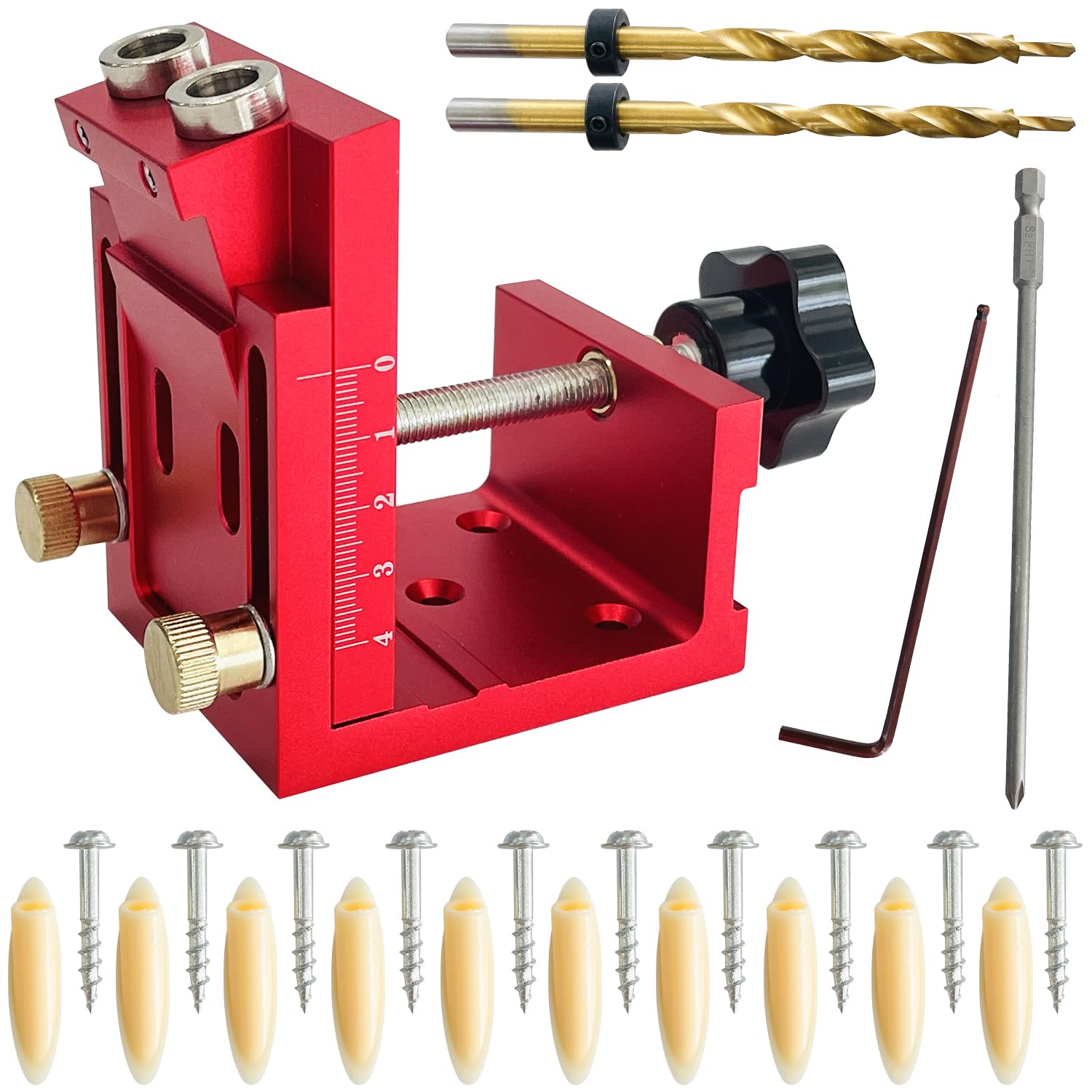SUGOOE Pocket Hole Jig Kit Adjustable Hole Woodworking Tool with 2 Drill, Pocket Dowel Hole Jig System Set for 15 Degree Joint Angle