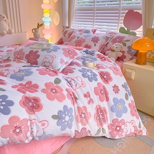 Miniatura 27 de Funda de edredón tamaño Queen, juego de ropa de cama de 3 piezas de conejo rosa, funda de edredón estética tamaño matrimonial, manta floral ultra