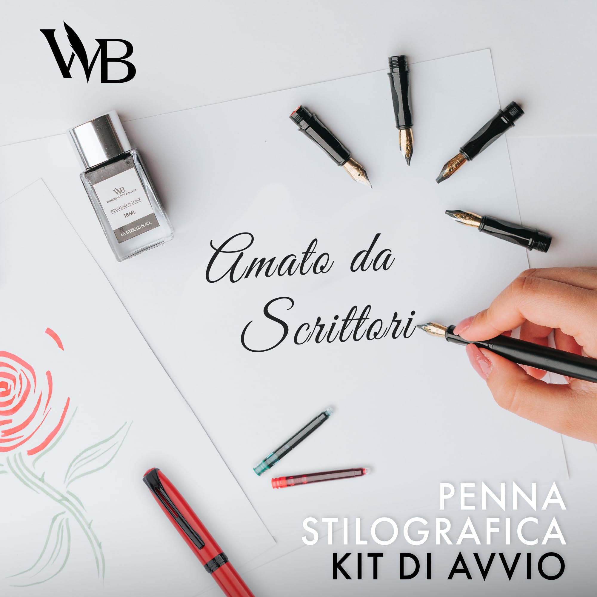 Wordsworth & Black Set Penna Stilografica, Kit Calligrafia, Nero | Penna Brush + 5 Pennini, 60 Cartucce d'Inchiostro + Flacone, Convertitore, Diario, Regalo per Uomo e Donna, Ricaricabile