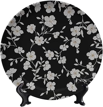 3D Printed Pattern Ceramic Hanging Decorative Plate, Gray Flower Plant Pattern, Decor Accessory for Fine Dining, Parties, Wedding, 8"