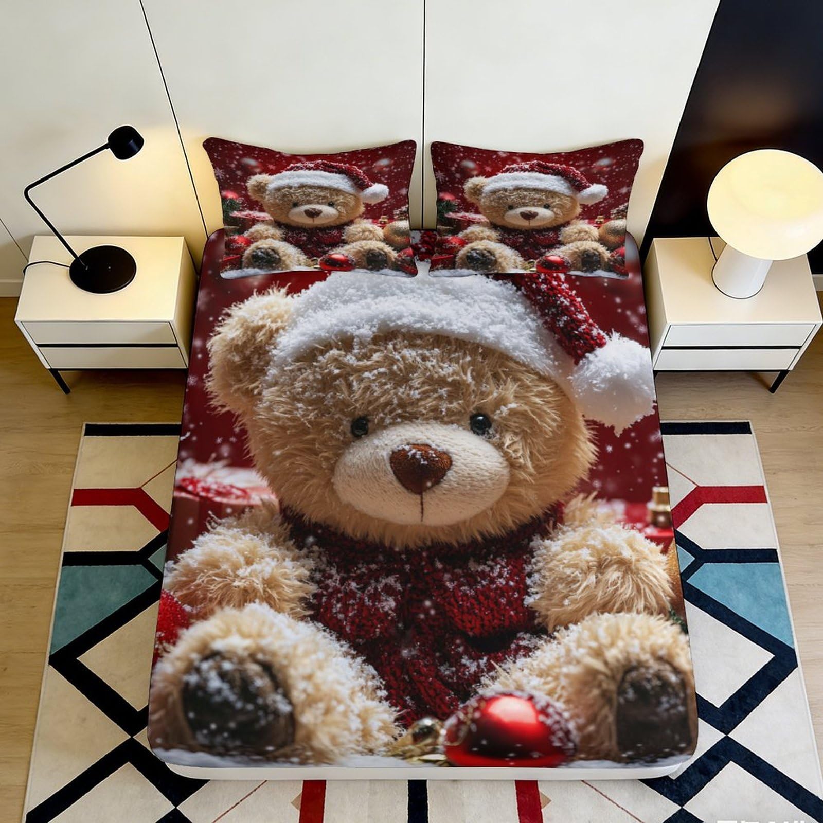 3D Printed Christmas Teddy Bear Fitted Sheet Microfiber Soft Breathable Snowfall Bed Cover for Bedroom Dormitory Guest Room Mattress Protection 180x200x25cm
