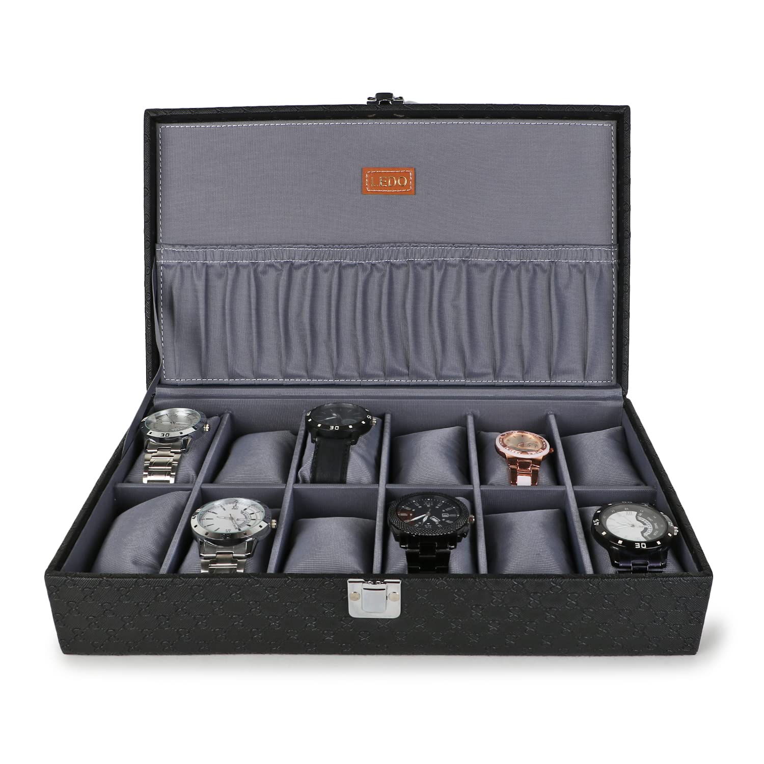LEDO Mens and Womens Watch Box Organizer Case In 12 Slots of watches In Black color with Gray Velvet (B0BK85265D) Amazon Price History, Amazon Price Tracker