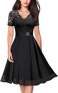 Women's Vintage V-Neck Floral Lace Contrast Chiffon Prom Party Dress