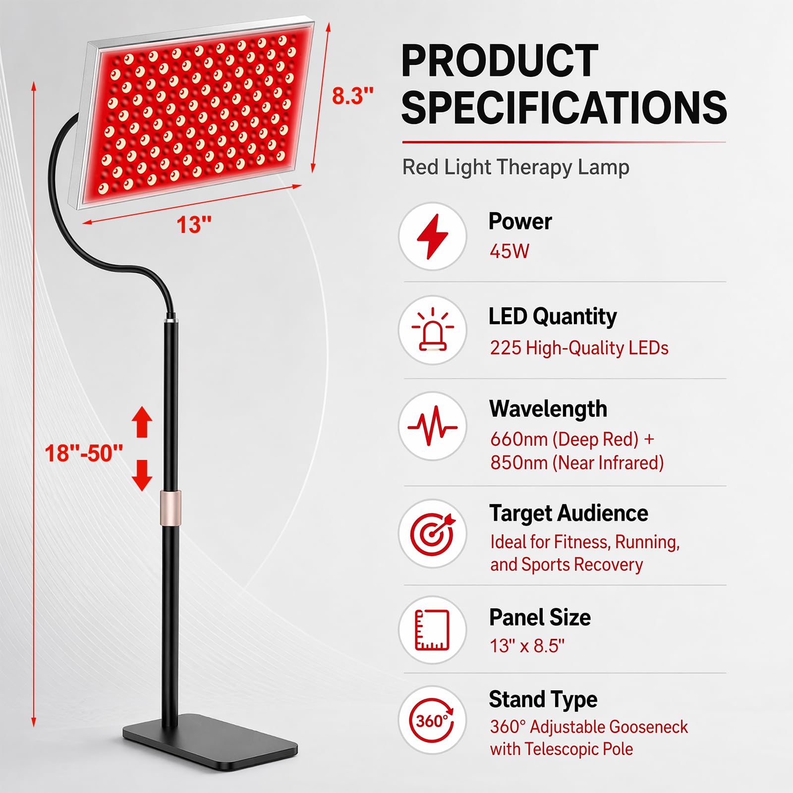 Lámpara de luz roja de 225 ledes, lámpara de panel de infrarrojos con 5 niveles y temporizador, 660 nm y 850 nm, terapia de luz roja infrarrojo cercana con soporte ajustable para cuerpo, cara, cuello