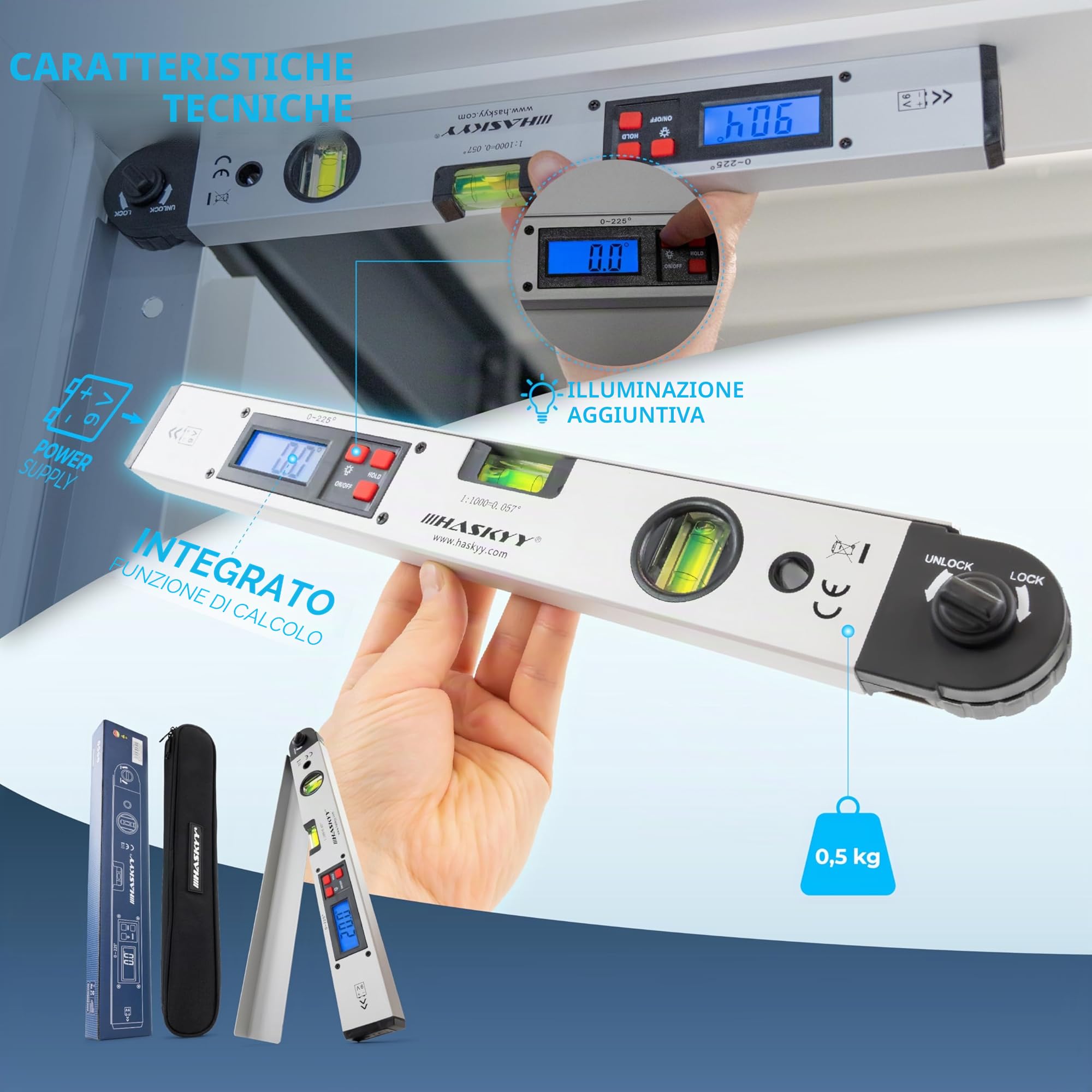 HASKYY Livella goniometrica 0-230° Livella rotante con display LCD 450 mm per misurazioni, ristrutturazioni e costruzioni - Argento