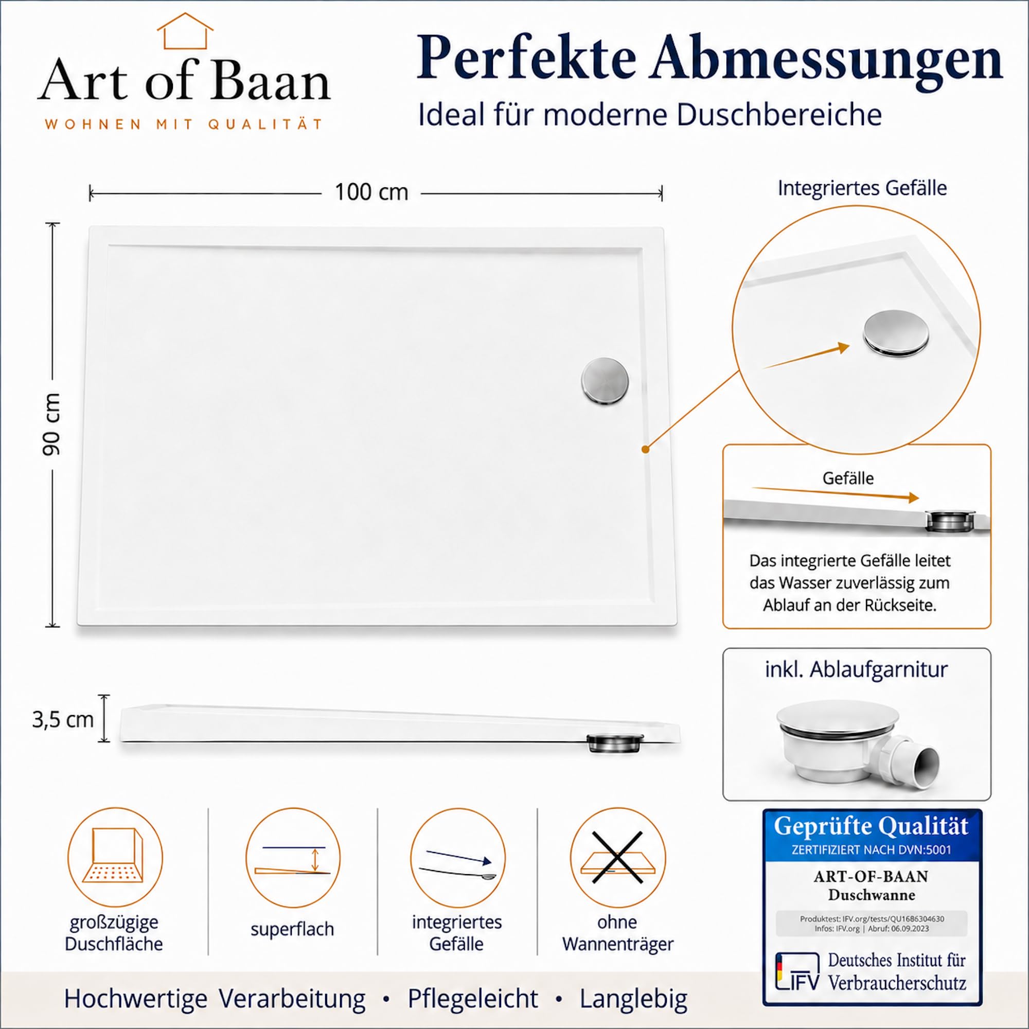 Brodzik prysznicowy klasy premium, z przyłączem DIN, płaski brodzik z zestawem odpływowym, biały, 100 x 90 cm
