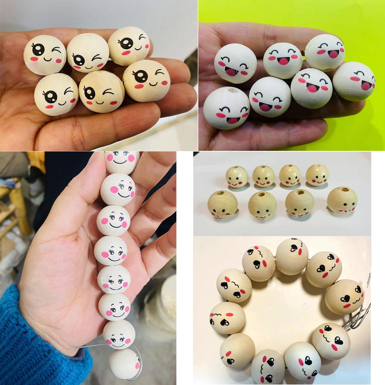 Lot De 100 Perles En Bois Avec Visage, 10 Styles On