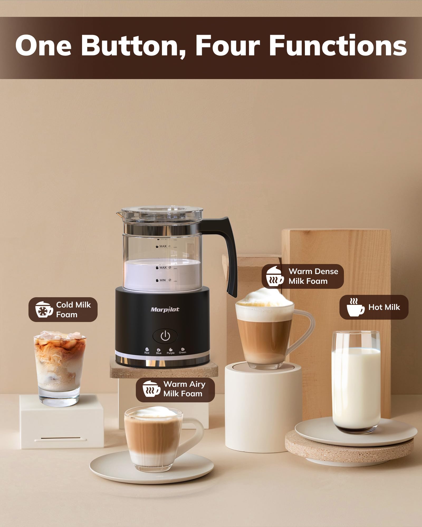 Milk Frother, Morpilot Montalatte Elettrico in Vetro, 4 in 1 Funzione, Bello da Vedere, Capacità 250ml per Schiumare o 500 ml per Riscaldare, Design Diviso, Nero