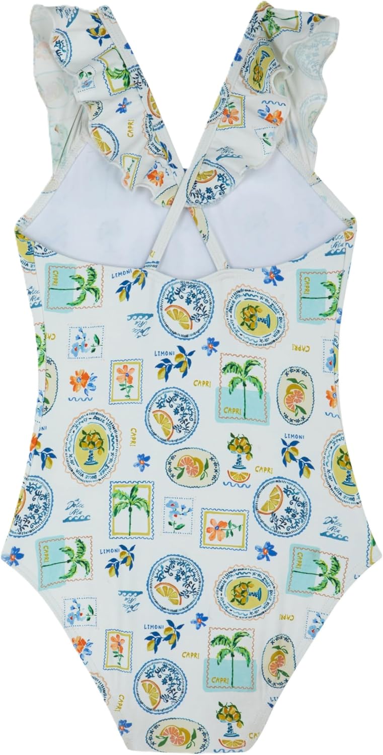 Gottex Kids Girls Square Neck One Piece-Ruffle Criss Cross Straps, Front & Back Lining, Chlorine & Fade Resistant