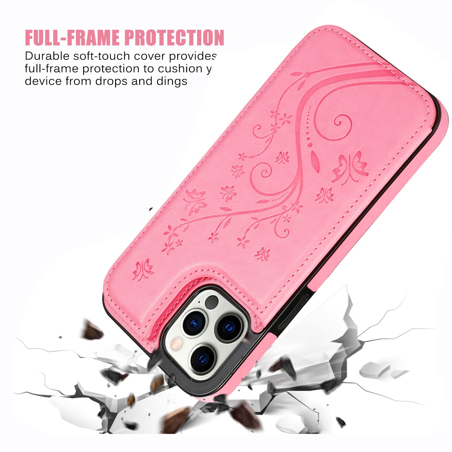 Étui portefeuille pour iPhone 12 Pro/12, étui de protection fin avec porte-cartes et motif papillon en relief, béquille en cuir synthétique de qualité supérieure, avec verre de protection