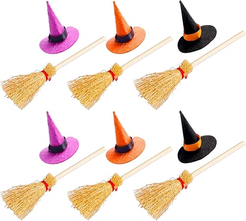 12 piezas de mini sombrero de bruja con mini escoba de paja en miniatura con cuerda roja, sombreros de bruja de fieltro y escobas para Halloween