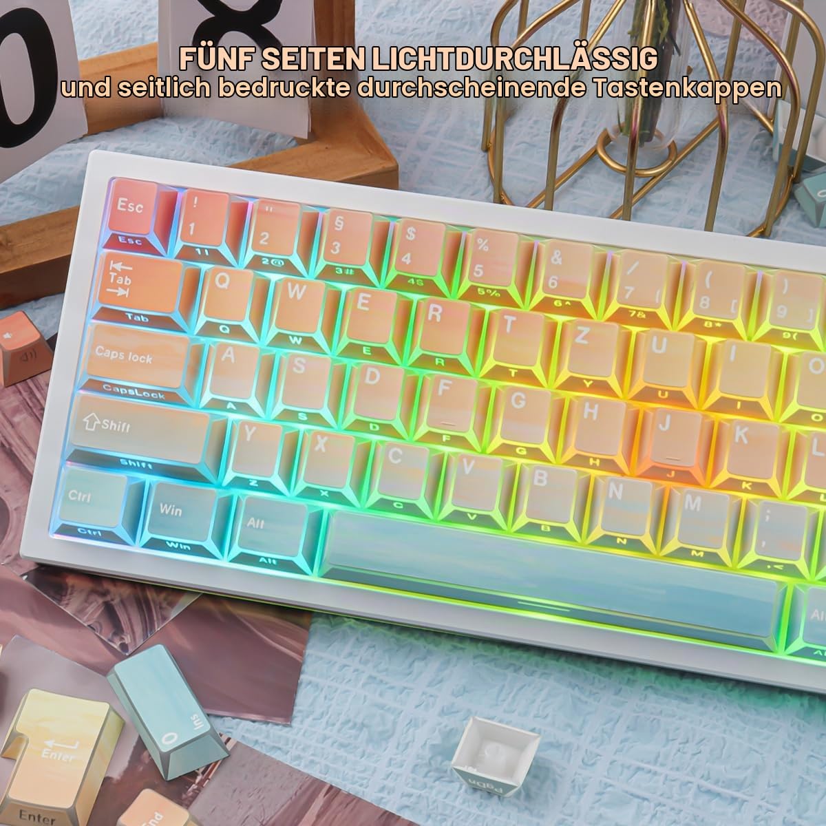PBT Shine Through German Keycaps, 136 Keys Double Shot Side Printed Light Shadow Ocean Sunset Keycaps Dye-Sub Cherry Profile Keycap for Cherry MX Switch ISO QWERTZ Layout Mechanical Keyboards