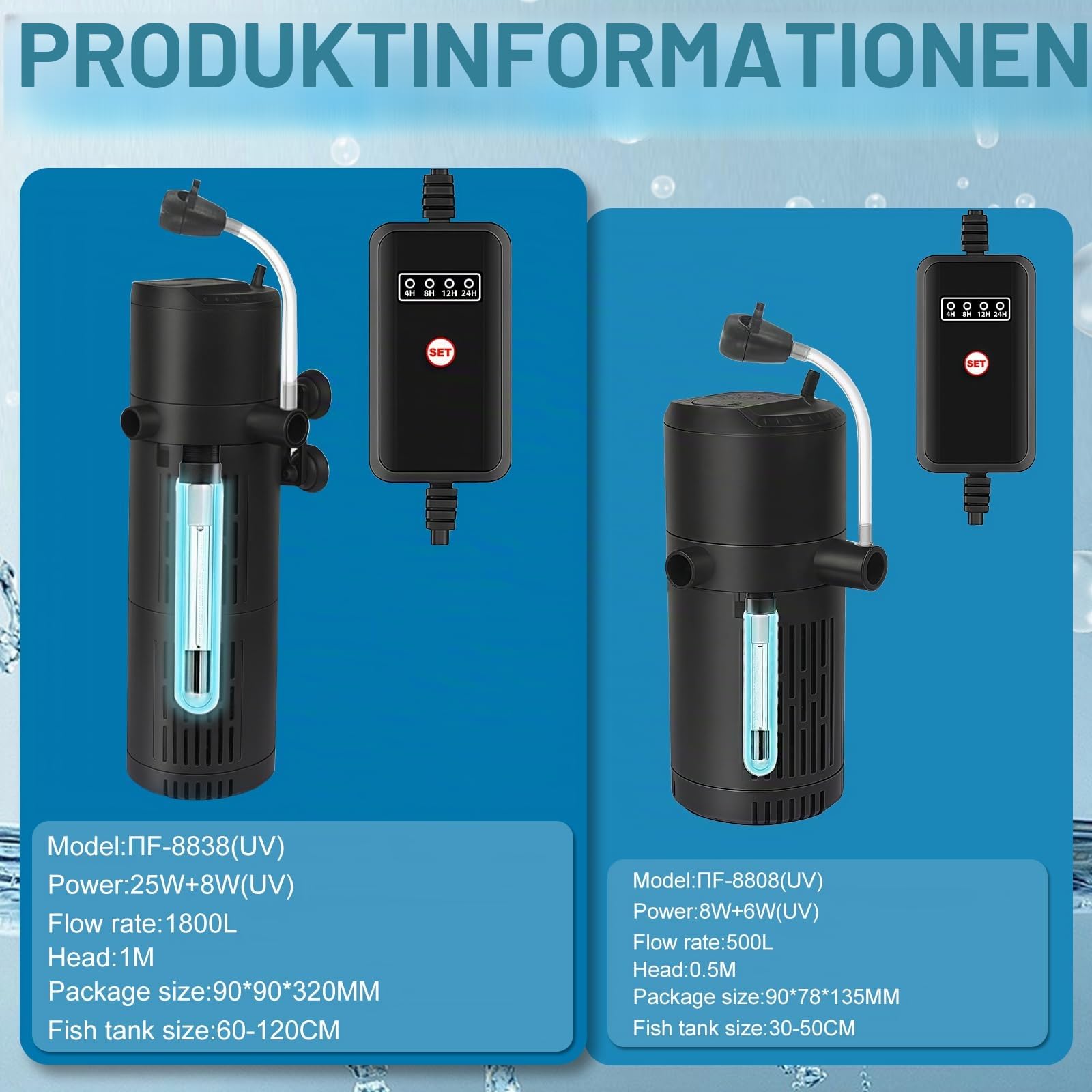 Aquarium Filter 1800L/H Anti Algen UV Klärer Innenfilter | Aquarium Innenfilter mit Belüftung und Regendusche, Leis Algenvernichter Wasserpumpe, Aquarien geeignet für 180-600L