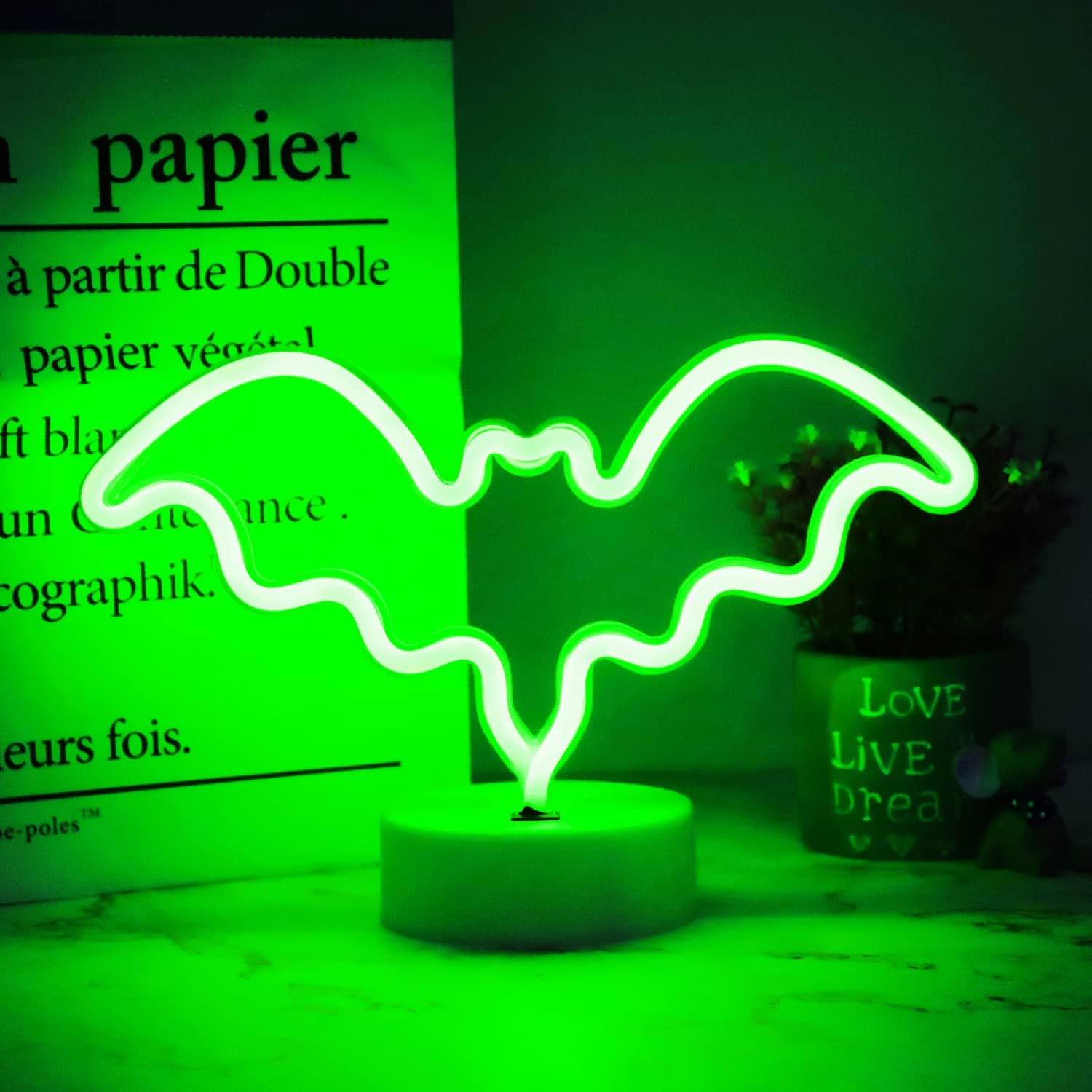 LED Neon Bat Lights Halloween Decorations, Bat Shape Neon Signs Night Lights Battery Operated Desk Table Lamp Gothic Decor for Bedroom, Bar, Wall-Bat with Holder Base(Green) image 3
