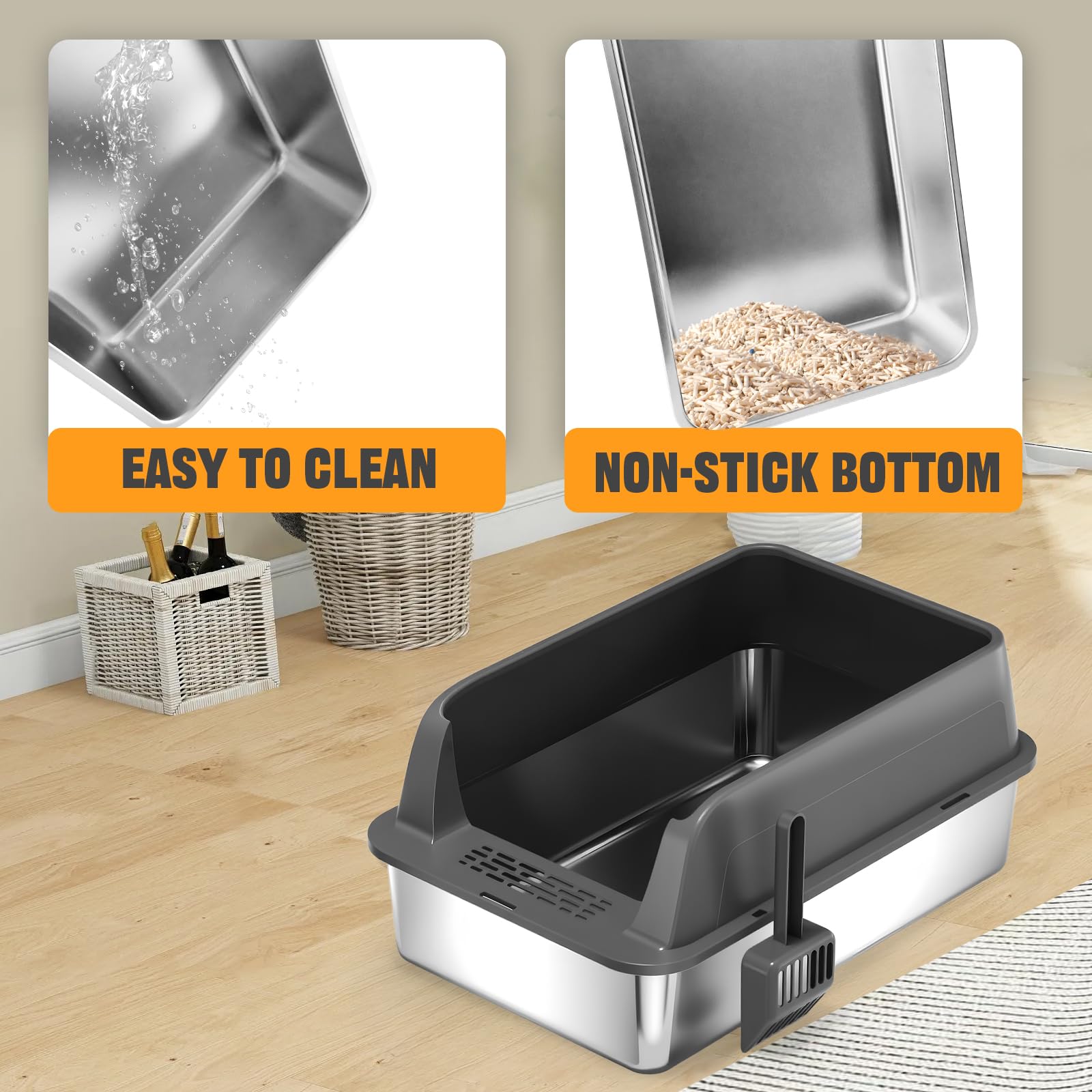 Homegroove Juego de 2 cajas de arena para gatos de acero inoxidable, 58 x 38 x 28 cm, XL, metal, para gatos grandes, con tapa y borde alto, incluye pala, fácil de limpiar (gris oscuro)