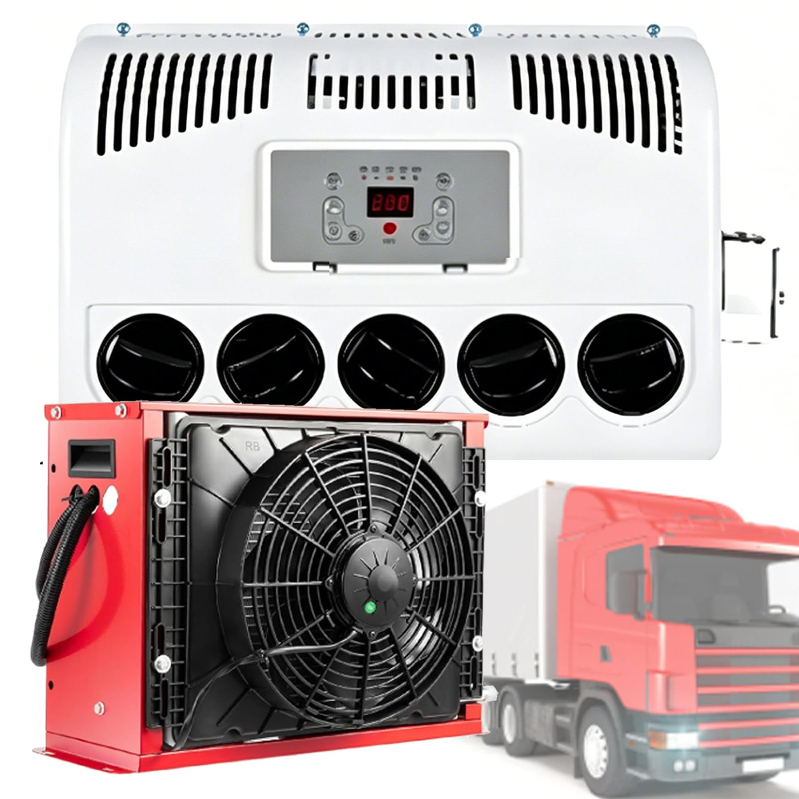 Osnzyc Red Split 12V/24V Air Conditioner, Universal Electric Rv Truck Cab Air Conditioner,No Fuel Consumption Cooling Ac Unit, For Sleeper Truck,Enclosed Trailer, Tractor, Loader -12V