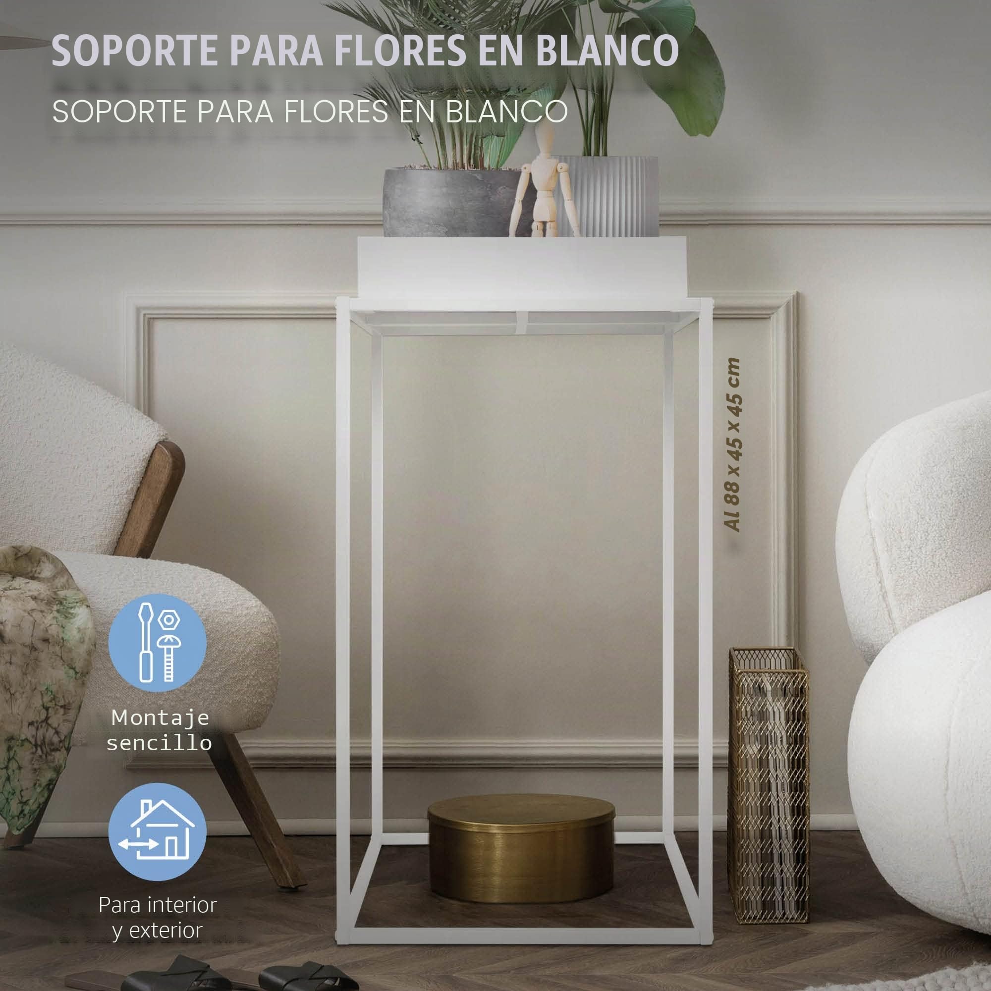 ML-Design Soporte para Plantas de Metal Blanco Macetero de Pie 88 x 45 x 45 cm Jardinera para Interior o Exterior Diseño Moderno Florero Maceta de Construcción Robusta y Estable para Flores Decorativo
