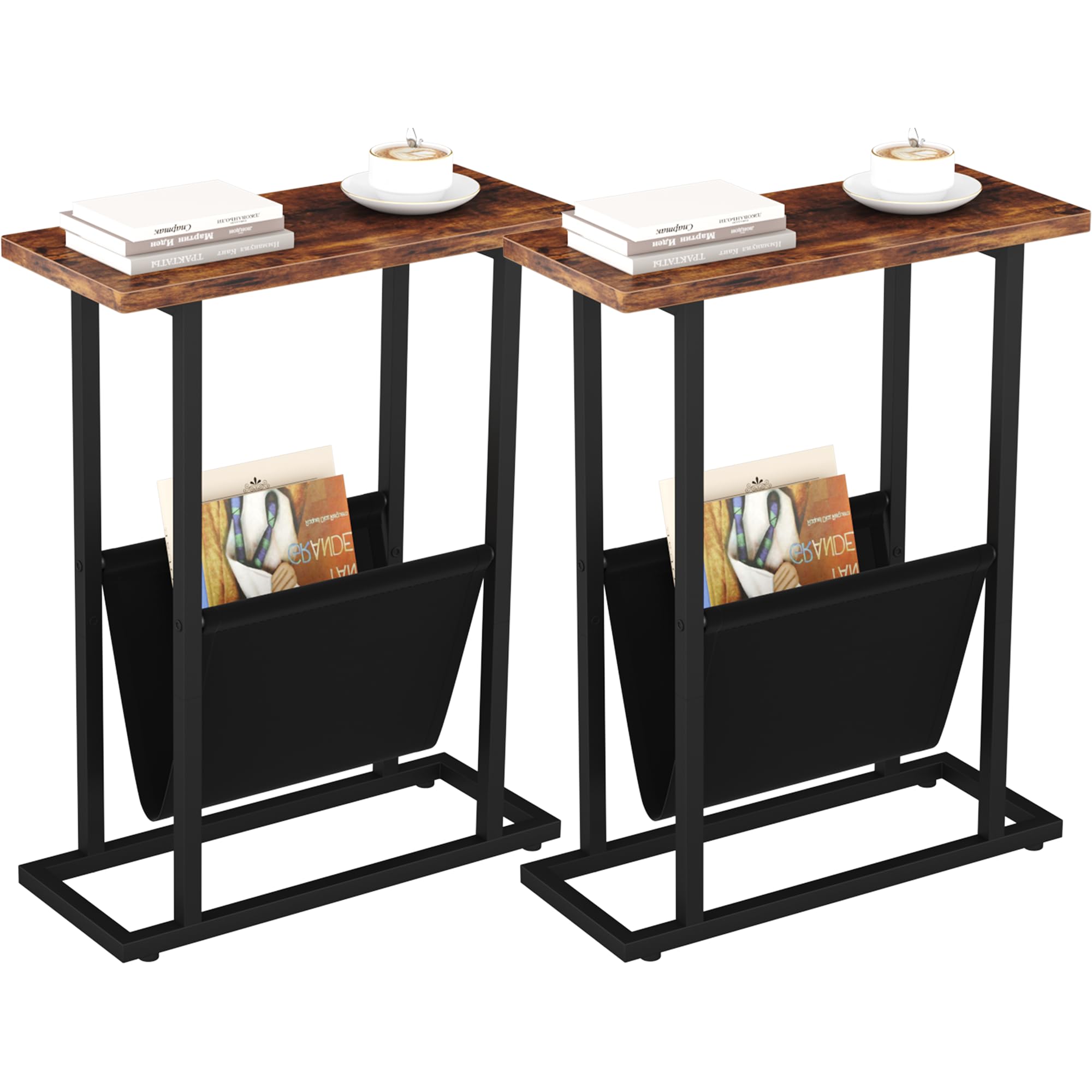 Narrow Side Table for Small Spaces, Small End Table Set of 2 with Magazine Holder Table, Skinny Slim Little Thin Table for Living Room, Bedroom, Sofa, Rustic Brown