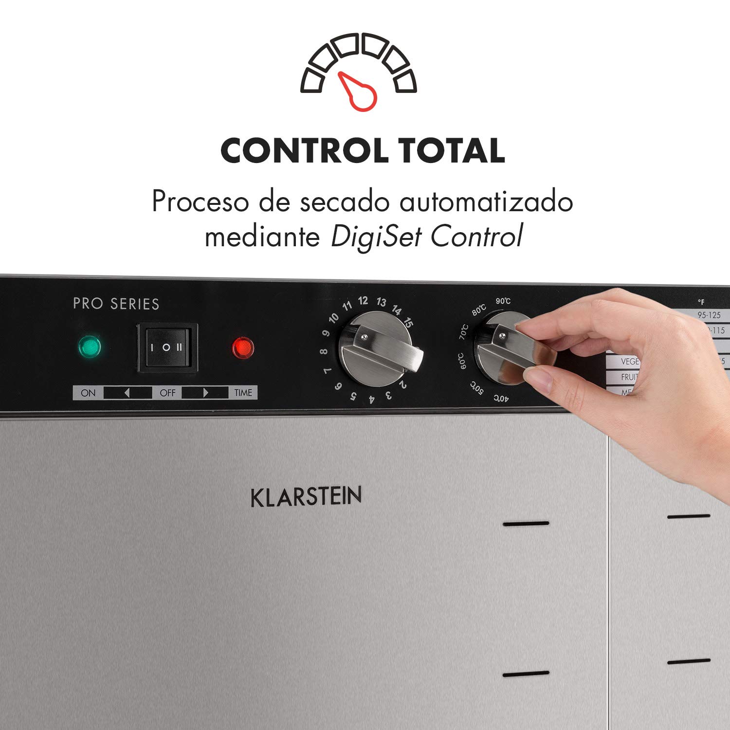 Klarstein Master Jerky - Deshidratador de alimentos, Temperatura ajustable 40-90 °C, DigiSet Control, Carcasa de acero inoxidable, Potencia de 5850 W, Capacidad de 10 m², 24 bandejas, Plateado