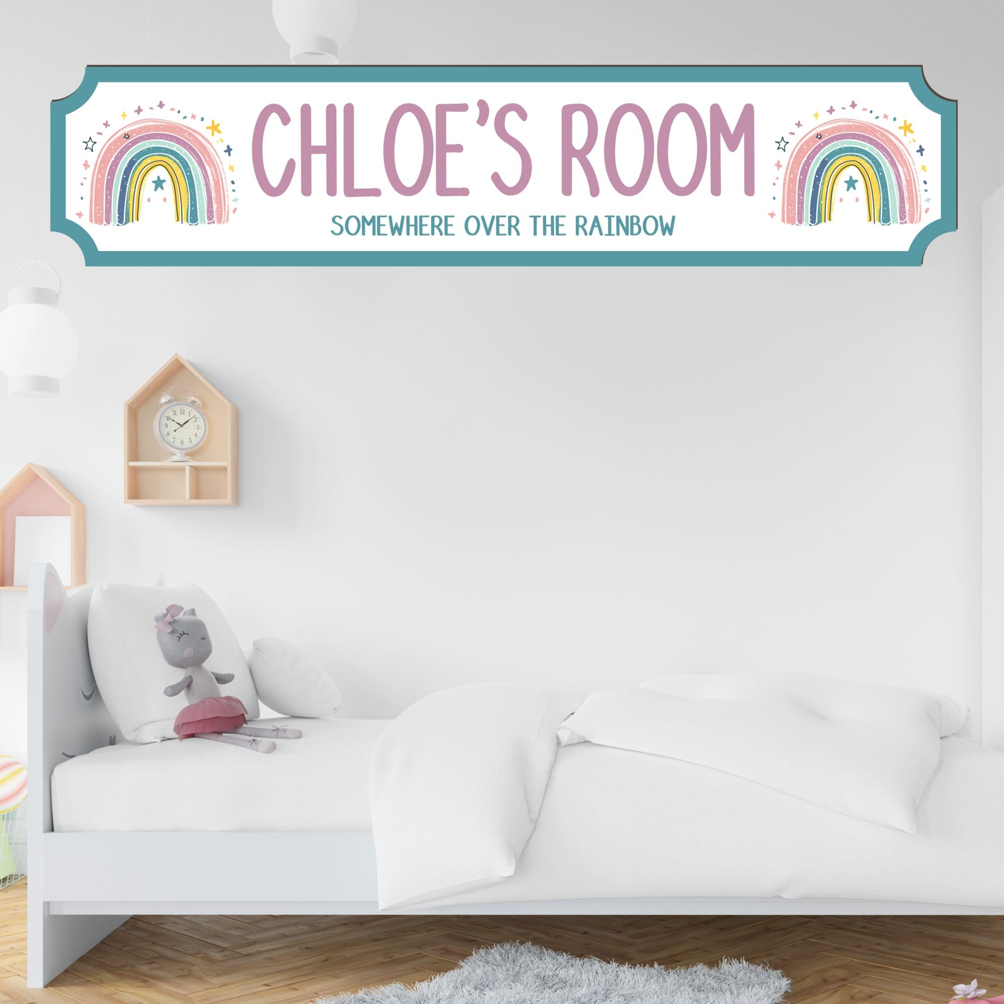 Personalised STREET SIGN Room Plaque - Custom Girls Room Sign Gift for Kids, Ballet, Dinosaur, Gaming, Mermaid, Princess, Rainbow, Unicorn Decor (Rainbow, MDF Wood - Small - 290mm x 63mm)