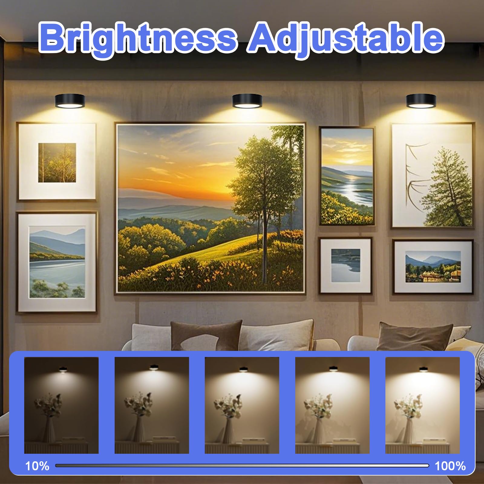 3PCS Applique Murale LED Sans Fil 13 Couleurs Magnétiques Rechargeables pour Cadres Photo, Spot LED avec Télécommande, Variateur et Minuterie, Lampe Murale pour Tableaux et Peintures.
