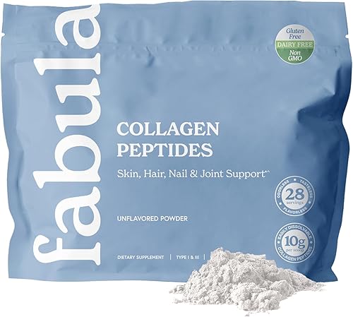 Fabula Péptidos de colágeno en polvo, colágeno bovino hidrolizado tipo 1, tipo 3, alimentado con pasto, sin OMG, sin gluten, sin sabor, 9.9 onzas,