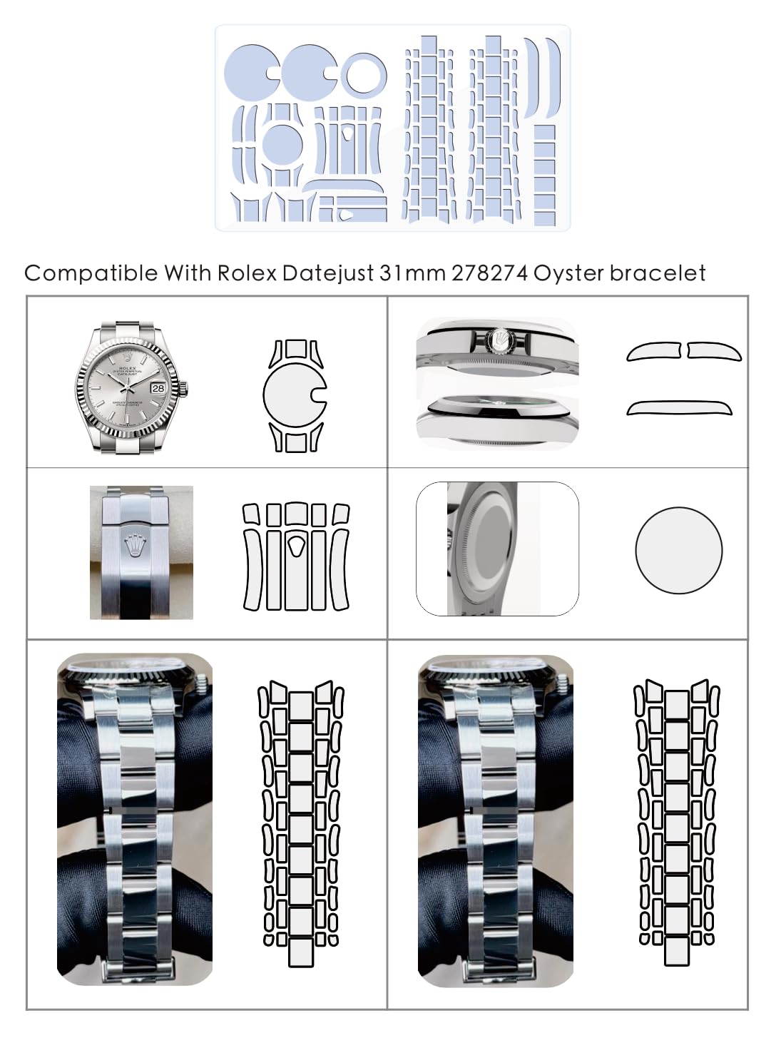 Pellicola protettiva per Rolex Datejust 31mm 278274 Oyster braccialetto. | Pelle trasparente completa orologio protezione schermo adesivo copertura del corpo (pellicola completa x2)