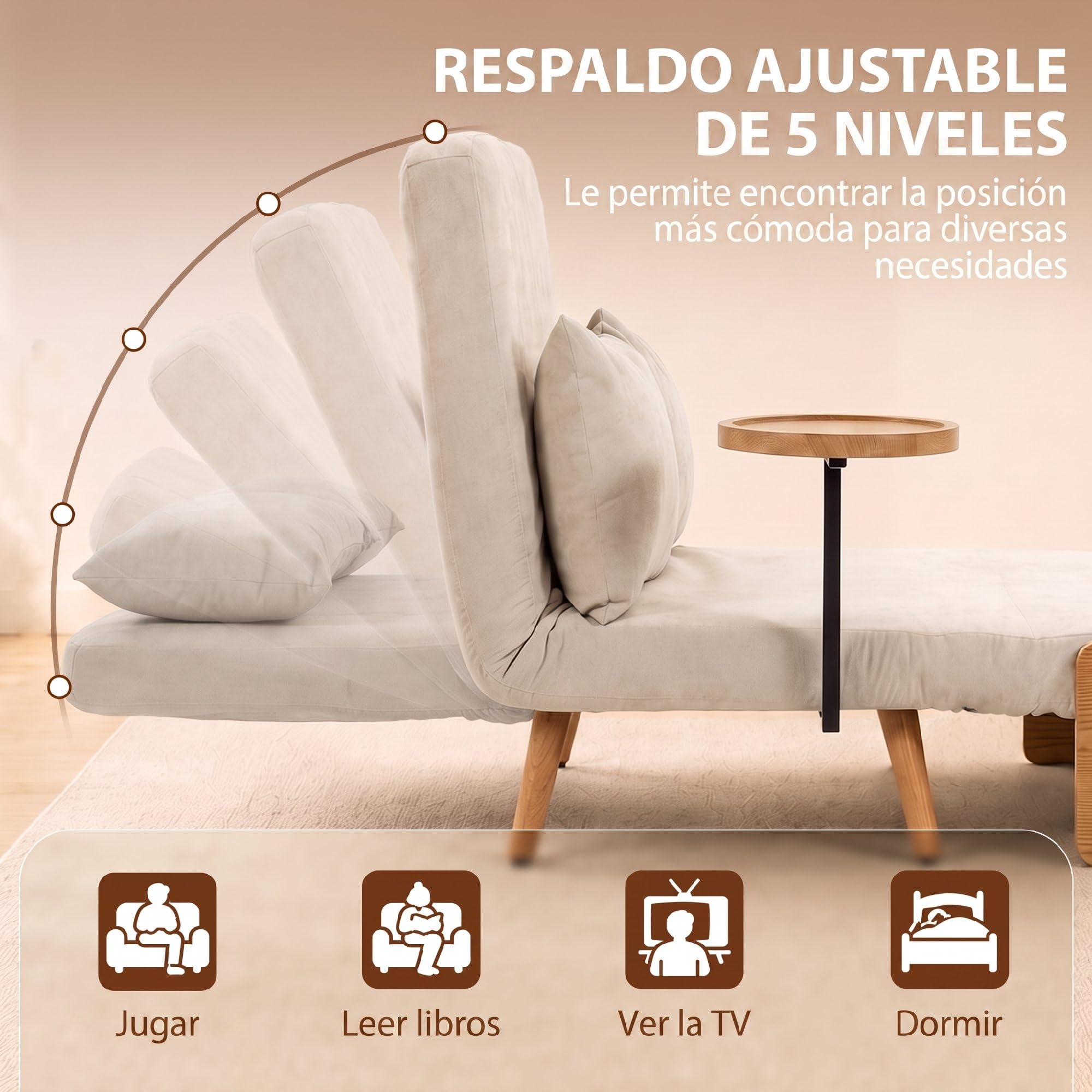 HOMCOM Sofá Cama 2 Plazas Convertible 3 en 1 131x78x82 cm Blanco Crema | Sofá Cama Plegable, Tapizado Chenilla, Respaldo Ajustable, Mesa Lateral de Madera, 2 Almohadas con Funda Lavable