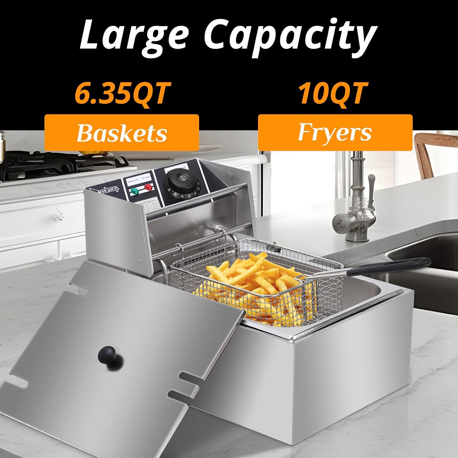 10QT Electric Deep Fryer w/Basket & Lid, Stainless Steel Countertop Oil Fryer with Temperature Control, Commercial Kitchen Frying Machine for French Chicken Fries Donuts 2500W