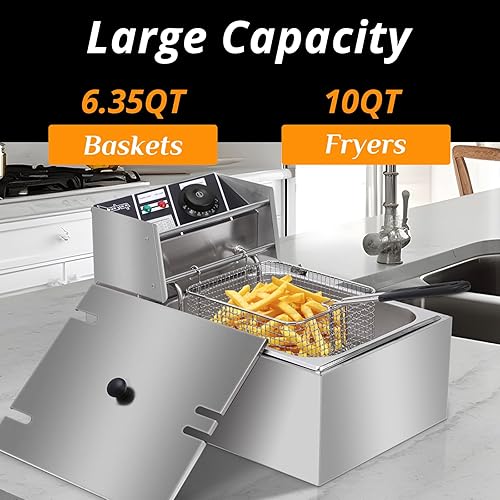 Miniatura 2 de Freidora eléctrica de 10 cuartos de galón con cesta y tapa, freidora de aceite de encimera de acero inoxidable con control de temperatura, freidora