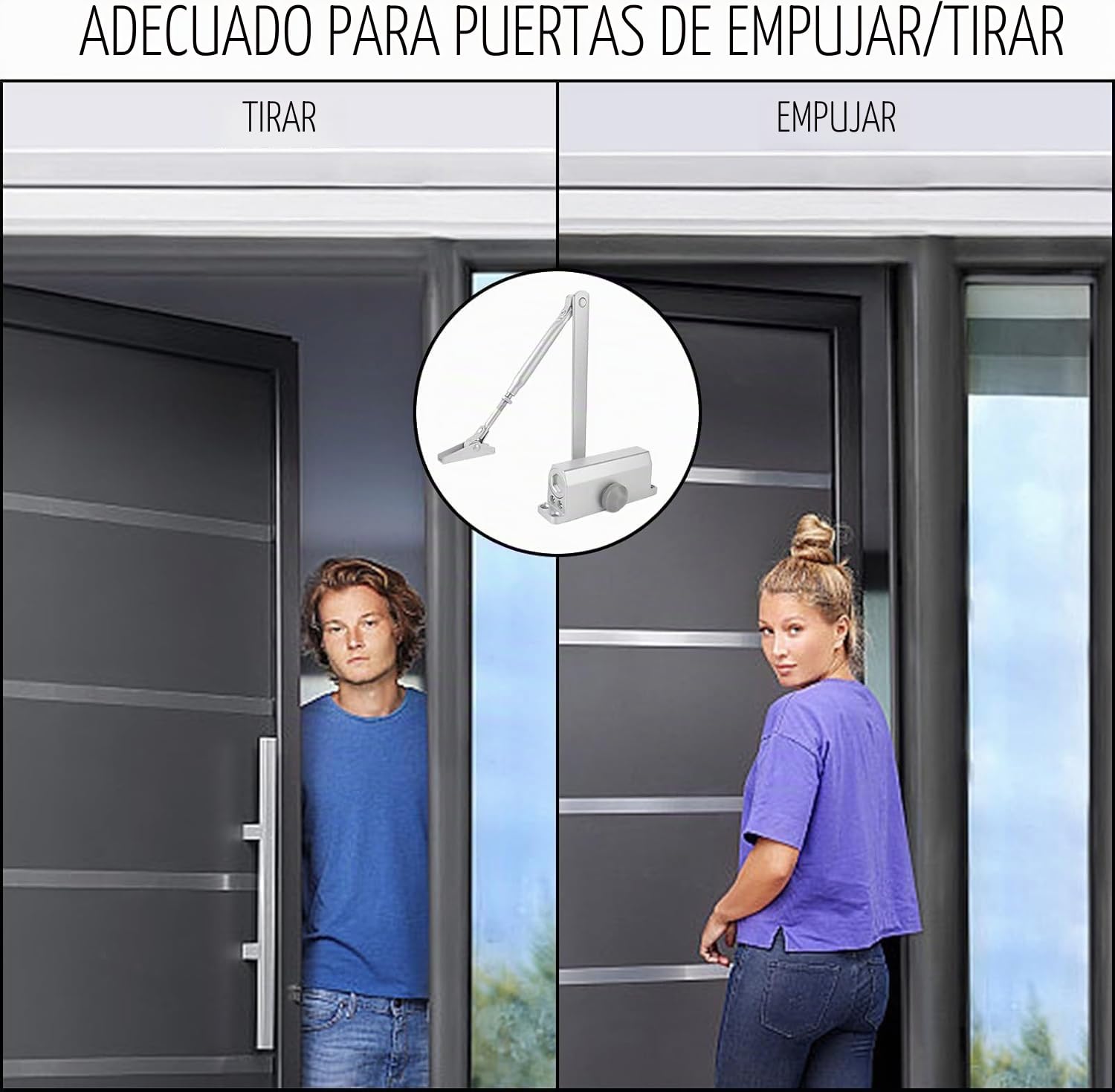 Cierrapuertas Automático Hidráulico Ajustable, Muelle Cierrapuertas para Puerta Interior/Exterior (45-65 kg), Cierre Automático Puerta con Amortiguación, Aleación de Aluminio Plateado