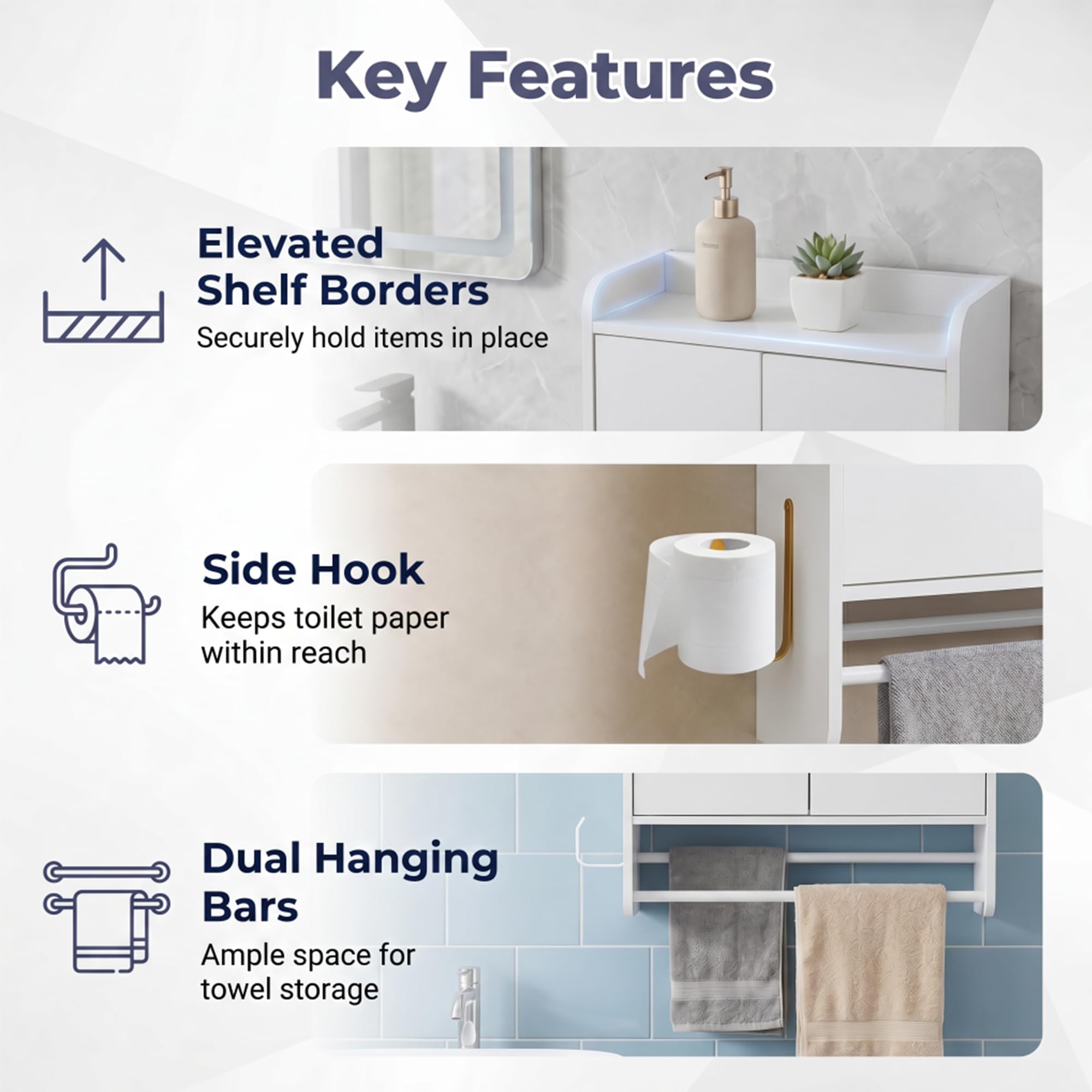 LIFEZEAL Mobile Bagno a Parete, Pensile Bagno Sospeso con Ripiano Regolabile, Scomparto Aperto, 2 Portasciugamani e Gancio Laterale, Mobile Cucina Salvaspazio per Ingresso, 55 x 20 x 80 cm (Bianco)