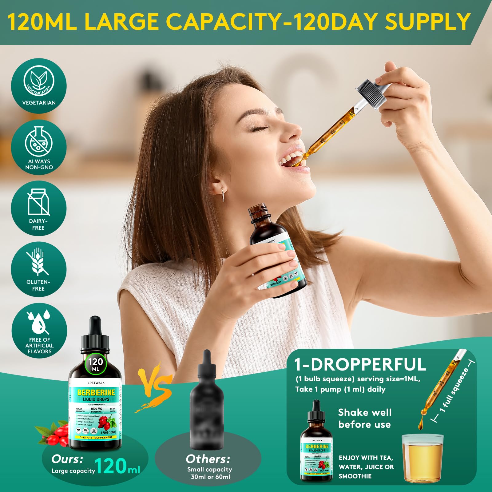 LPETWALK 4 FL Oz Organic Berberine Liquid Drops, Premium Berberine Supplement Liquid with Ceylon Cinnamon, Bitter Melon, Sugar-Free & Vegan Supplement, 98% Absorption,120ML