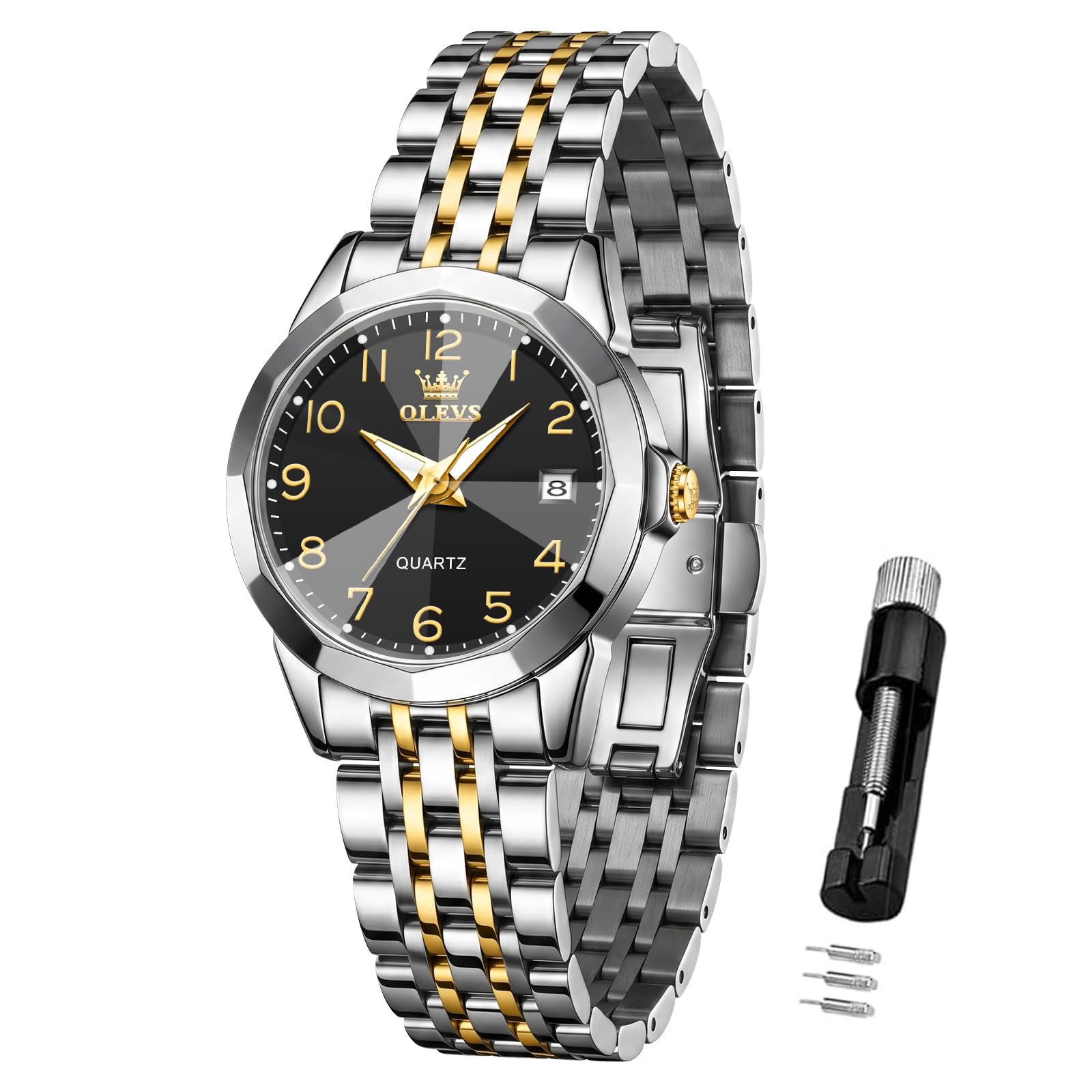 OLEVS Reloj de pulsera para mujer, correa de acero inoxidable, moderno, analógico, cuarzo, números arábigos, fácil de leer, luminoso, resistente al agua, con esfera pequeña y fecha
