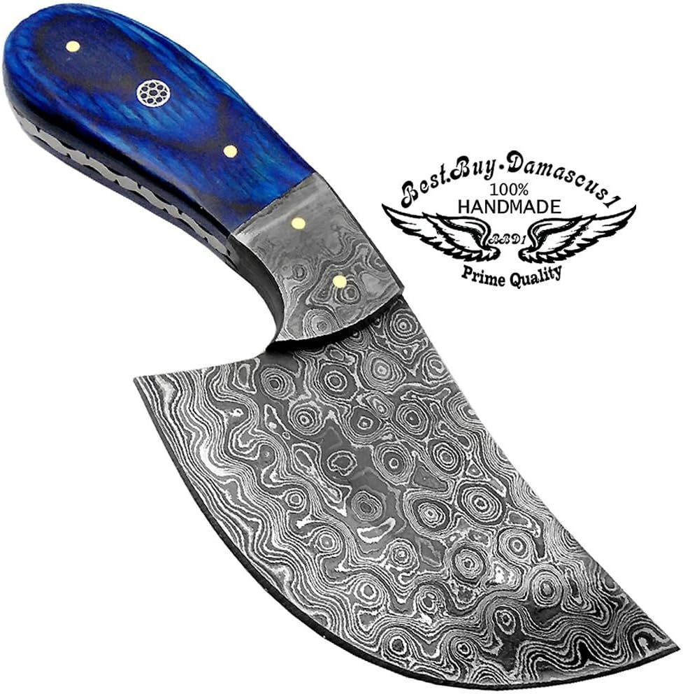 Best.Buy.Damascus1 Blue Wood 7" Fixed Blade Custom Handmade Damascus Steel Skinner Hunting Knife With Brass Spacers And Unique File Work On The Handel A Piece Of Craftsmanship Prime Quality