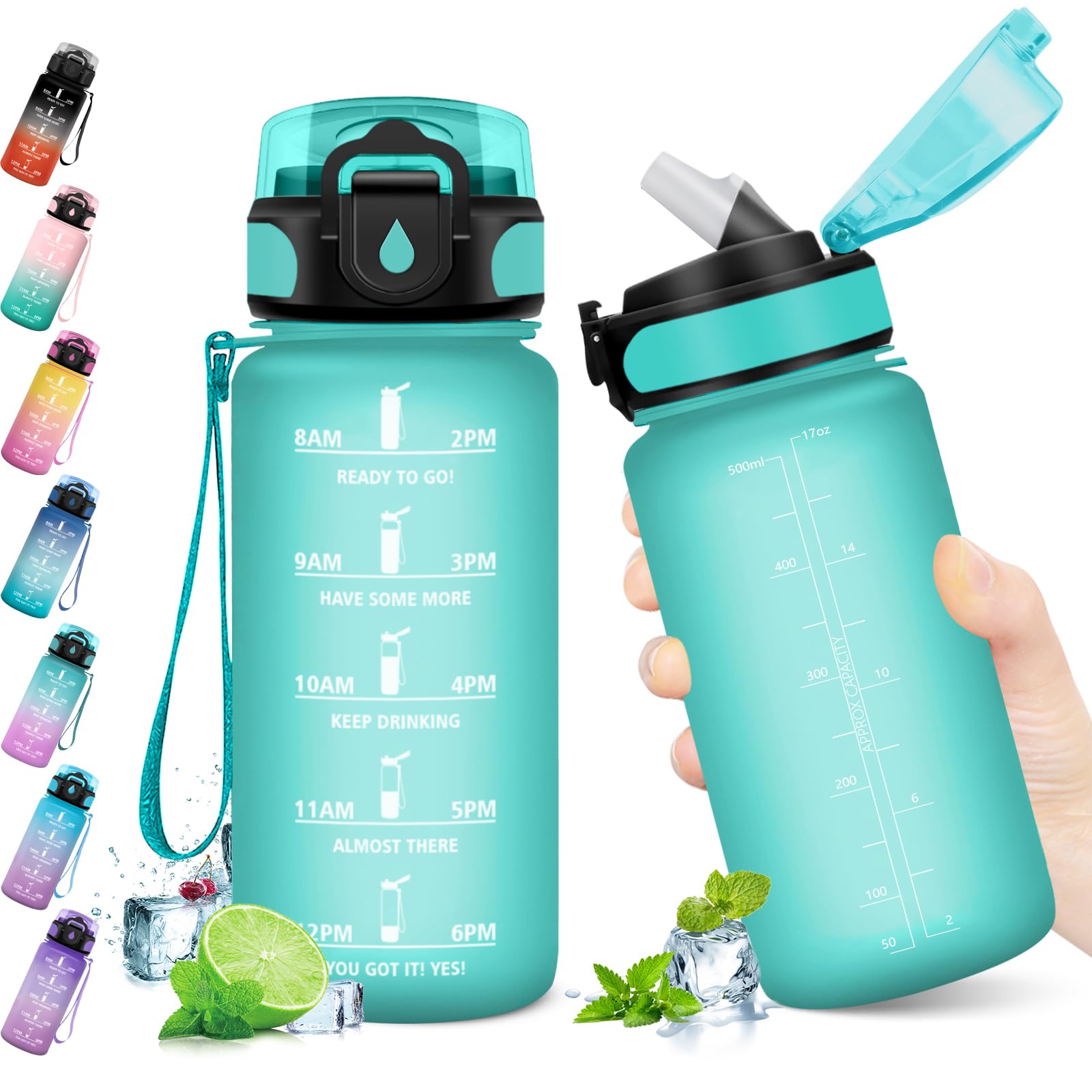 JAPORIA 500ml Gym Water Bottle with Straw, Motivational Time Indicator, Leak Proof, Sports Water Bottle for School, Work, Biking, Hiking, Cycling