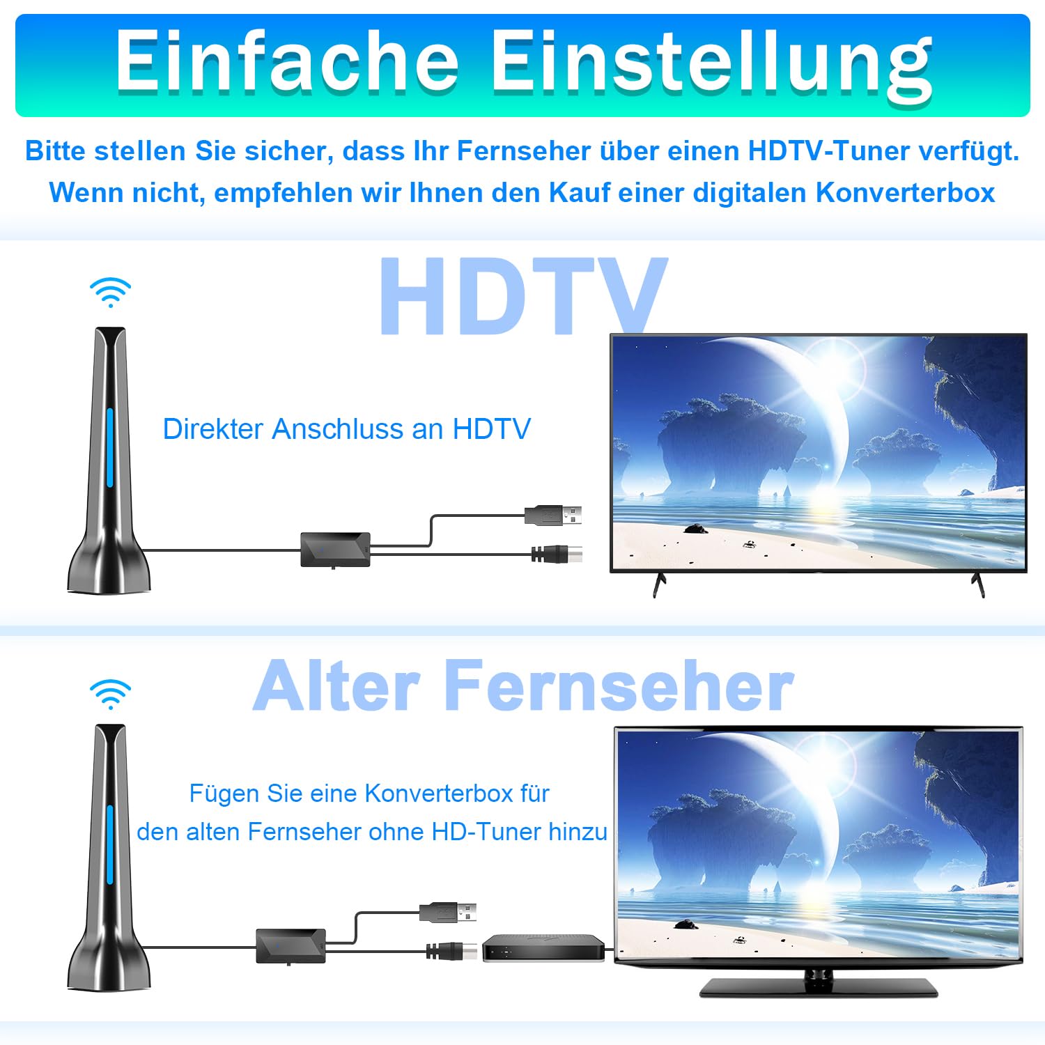 Antenne DVBT2 - Antenne d'intérieur DVB-T et DVB-T2 avec amplificateur, grande portée et réception à 360° - Antenne d'intérieur pour téléviseur avec base magnétique puissante - Convient pour 4K 1080p