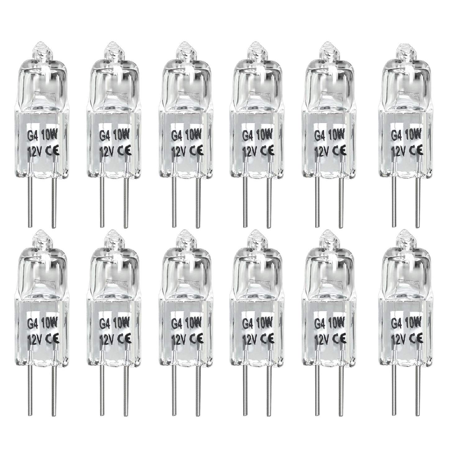 G4 Halogen Light Bulbs, 10W Bin-Pin(2pin)12 Volts JC Type,Clear Bulb Pack of 12
