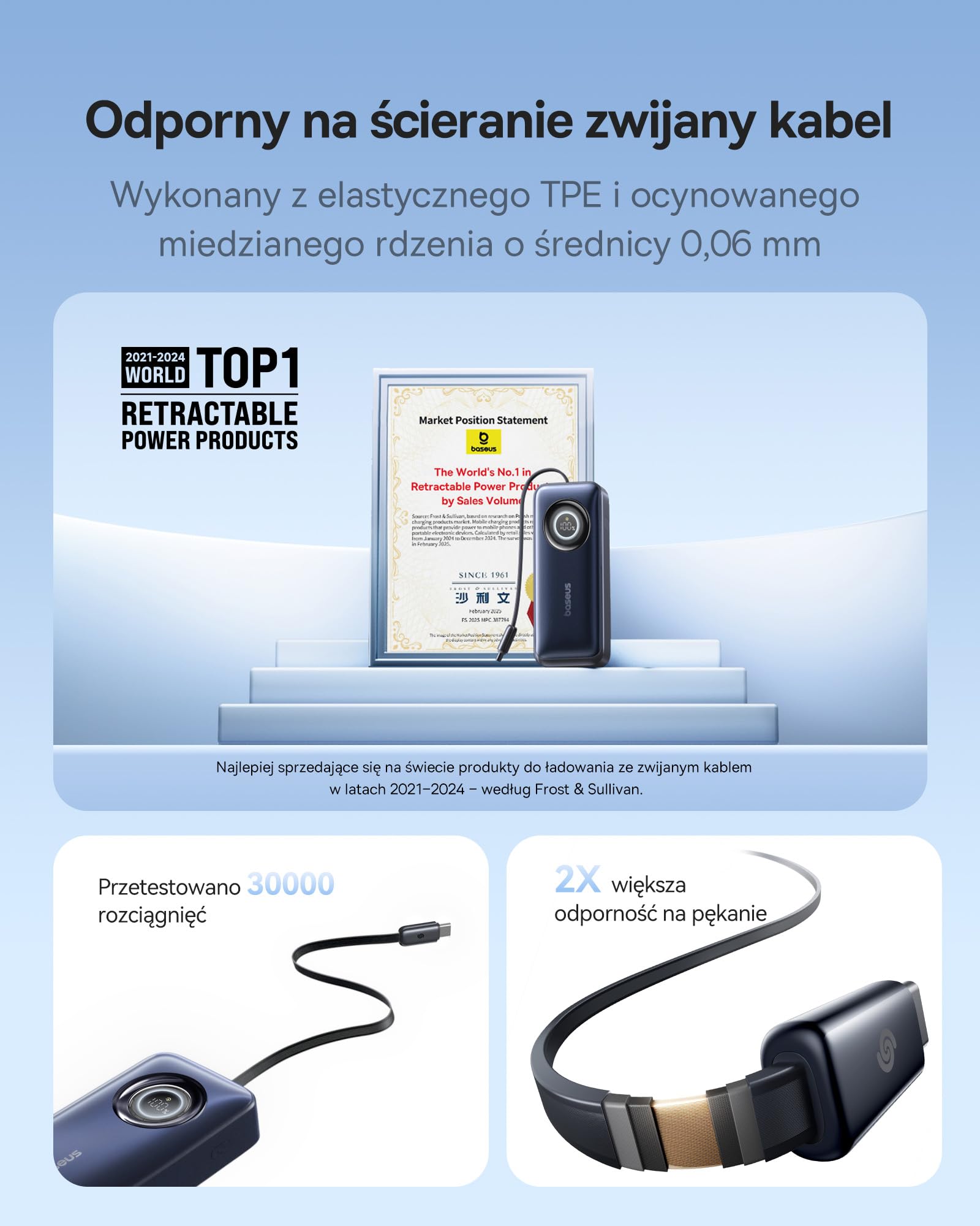 Powerbank Baseus EnerCore 10000 mAh 45 W z chowanym kablem USB-C o długości 60 cm, maksymalna moc z 1x USB-C, kompatybilny z urządzeniami iPhone 16/15 Series, iPad, MacBook, Galaxy, AirPods