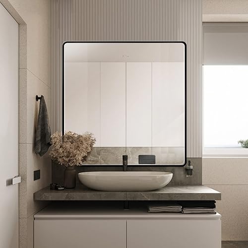 Espejo de baño con marco de metal negro mate de 36 x 36 pulgadas, espejo rectangular de tocador para pared, vidrio templado antioxidante, espejo a