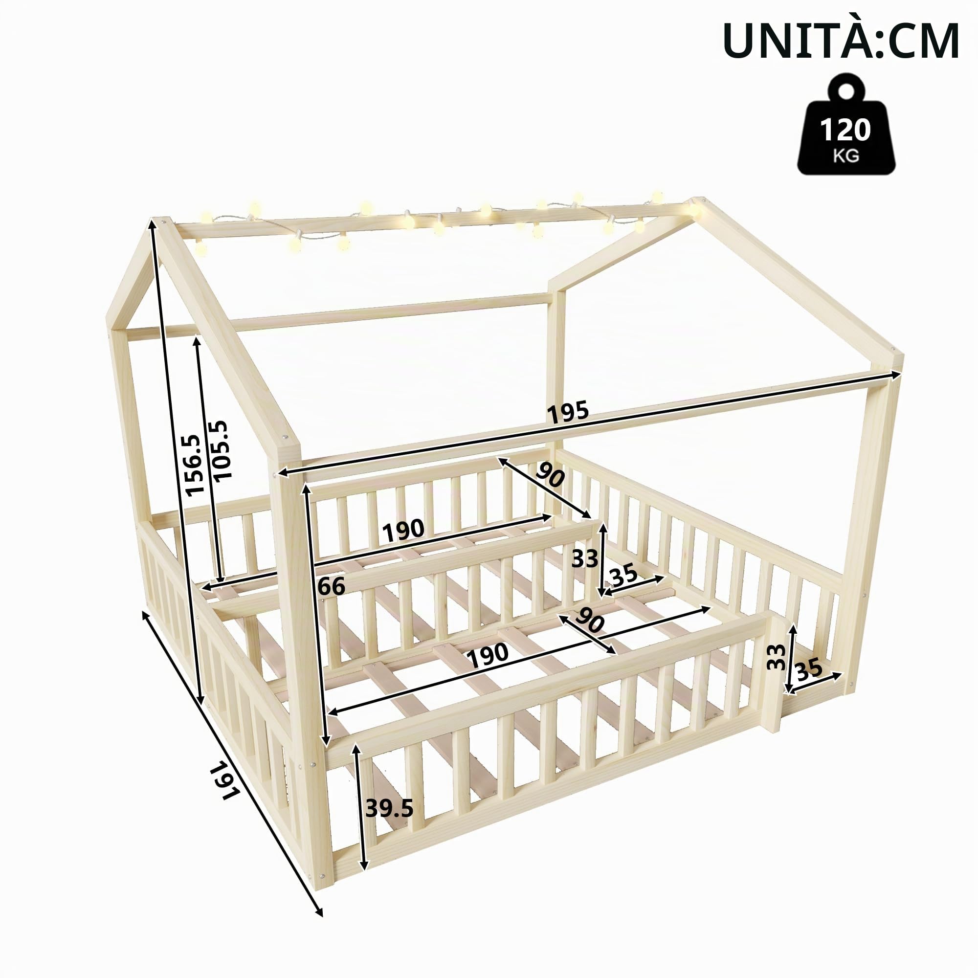 Soweiz Letto piano con rete a doghe, 90 x 190 cm x 2/180 x 190 cm, lettino con griglia, listello in legno di pino, senza materasso, perline LED (naturale)