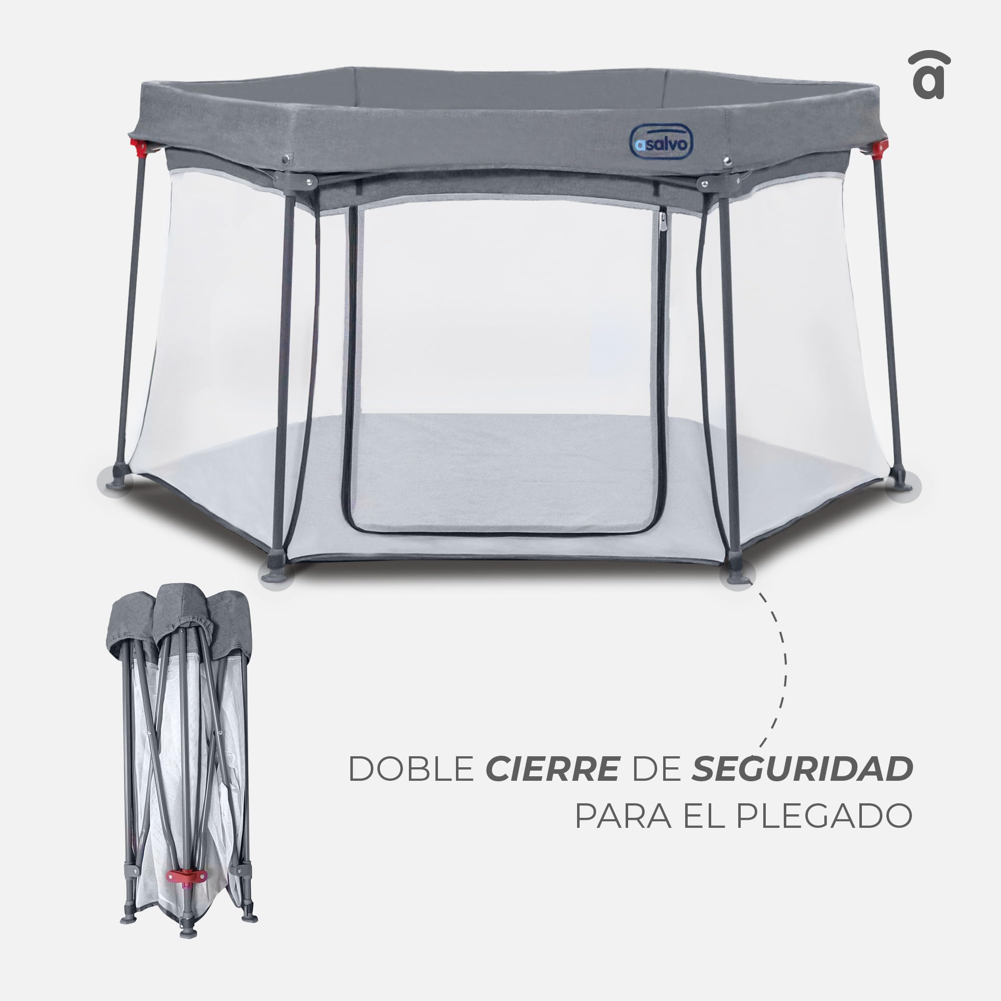 Asalvo LUXEMBURGO Parque Infantil Bebé Cuadrado y Plegable 150x150 cm, Corralito Bebe con Malla Transpirable, Parque de Juegos Bebe, Bolsa de Transporte, Fácil de Montar y Desmontar, Luxemburgo Gris