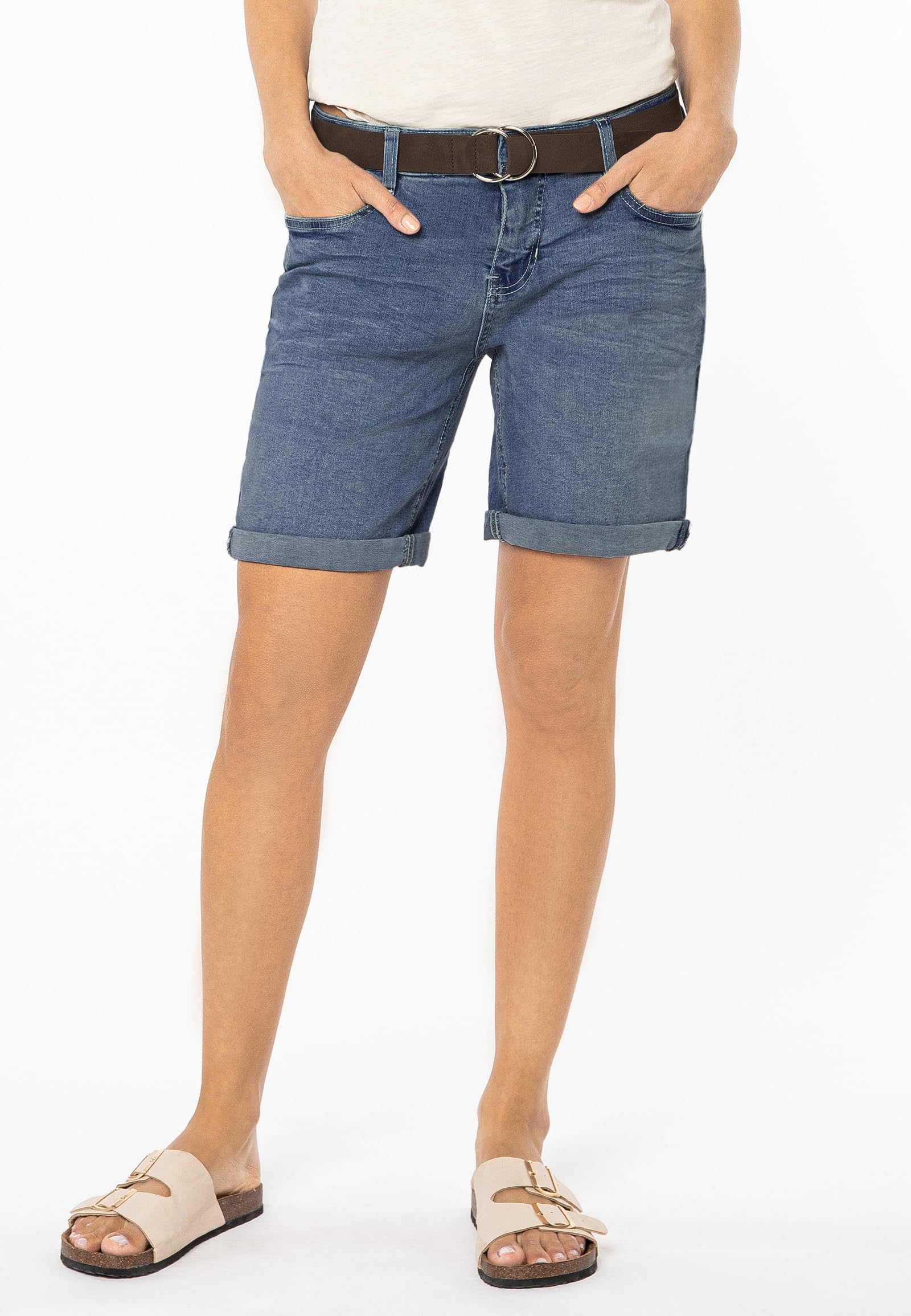 Sublevel Damen Jeans Bermuda-Shorts mit Veloursleder Gürtel