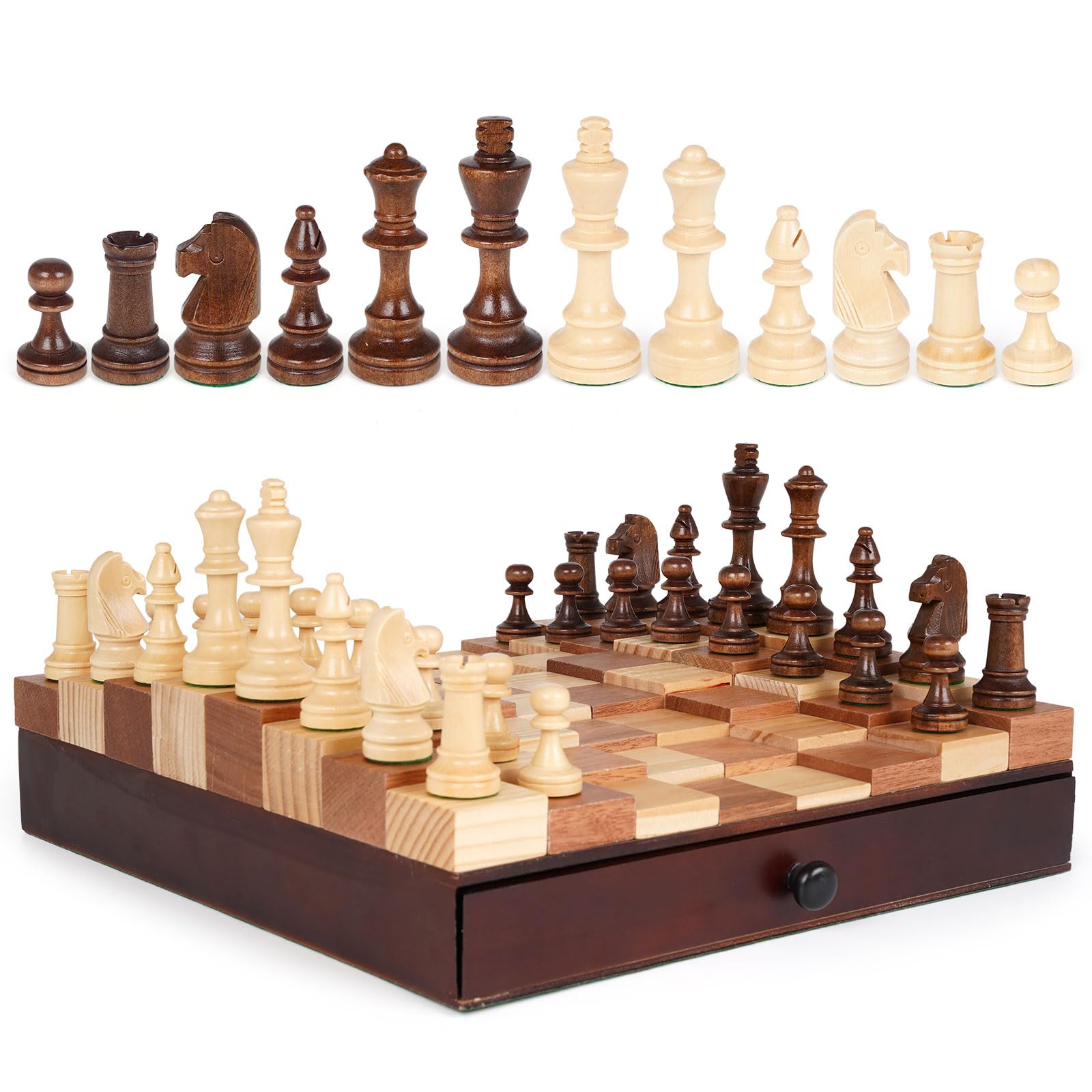 3D Wooden Chess Set with Storage Drawer – 12" Wooden Chess Board & Pieces, Travel Chess Set with Wooden Pieces, Classic Strategy Board Game for Adults Family for Beginners & Pros